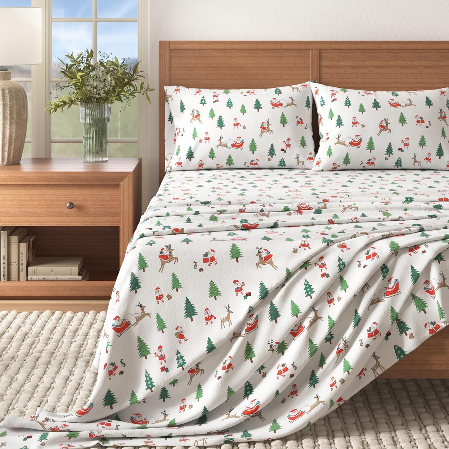 Great Bay Home Juego de sábanas de Navidad de franela de algodón turco 100 %, para niños, bajera con gran caída lateral, suaves, cama cálida,
