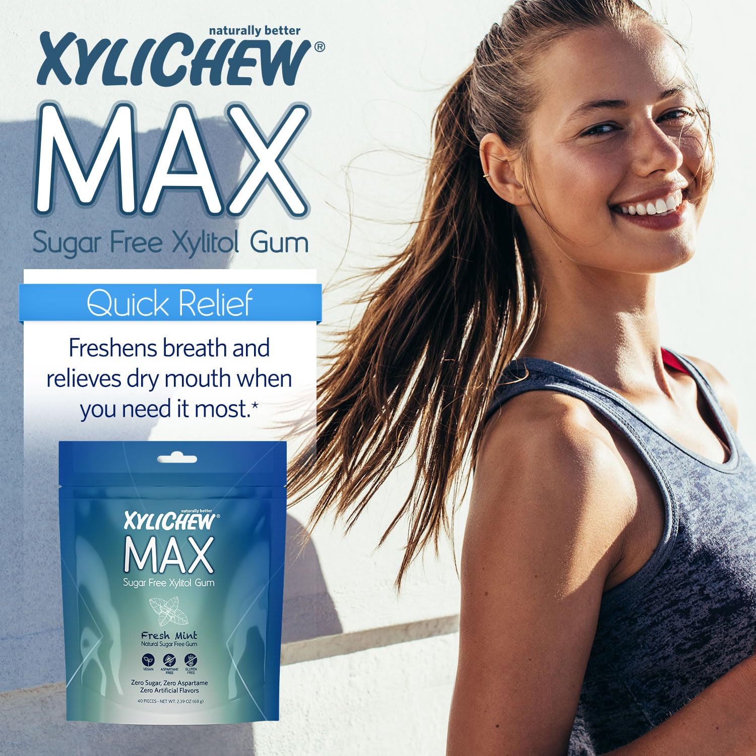 Xylichew MAX – Goma de mascar con xilitol, sin OMG, sin aspartamo, sin gluten, sin azúcar, con stevia y fruta del monje, cuidado bucal natural,