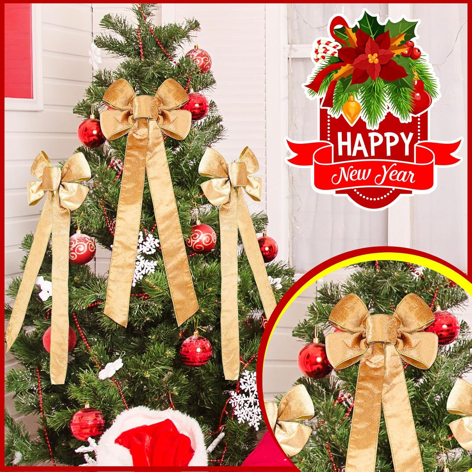 16 lazos decorativos de Navidad, corona de Navidad, lazo grande para decoración de árbol de corona, guirnalda de invierno, decoración de fiesta de