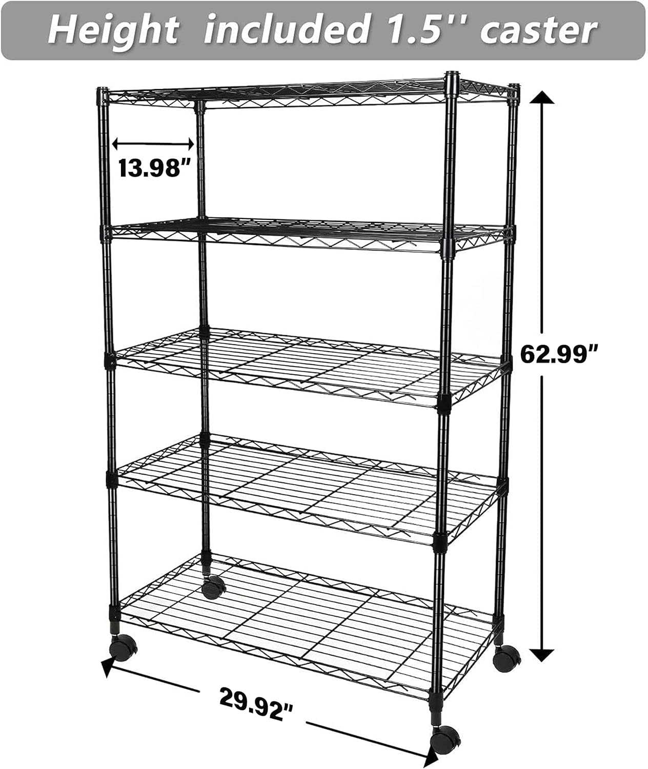 Estantería resistente de 5 estantes, capacidad de 1250 libras, 29.92 pulgadas de profundidad x 13.98 pulgadas de ancho x 62.99 pulgadas de alto, 5