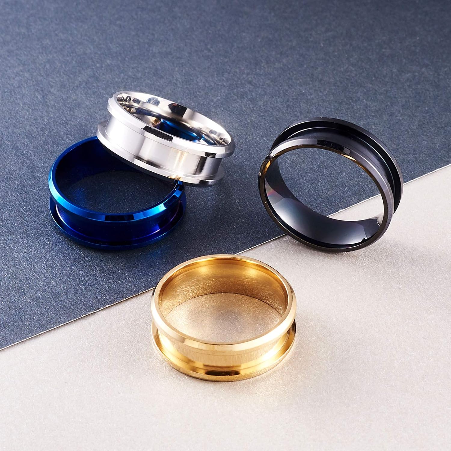 4 anillos de acero inoxidable con núcleo en blanco de 0.295 in de alto pulido, anillo de dedo ranurado para hombre, fabricación de joyas, 4 colores,