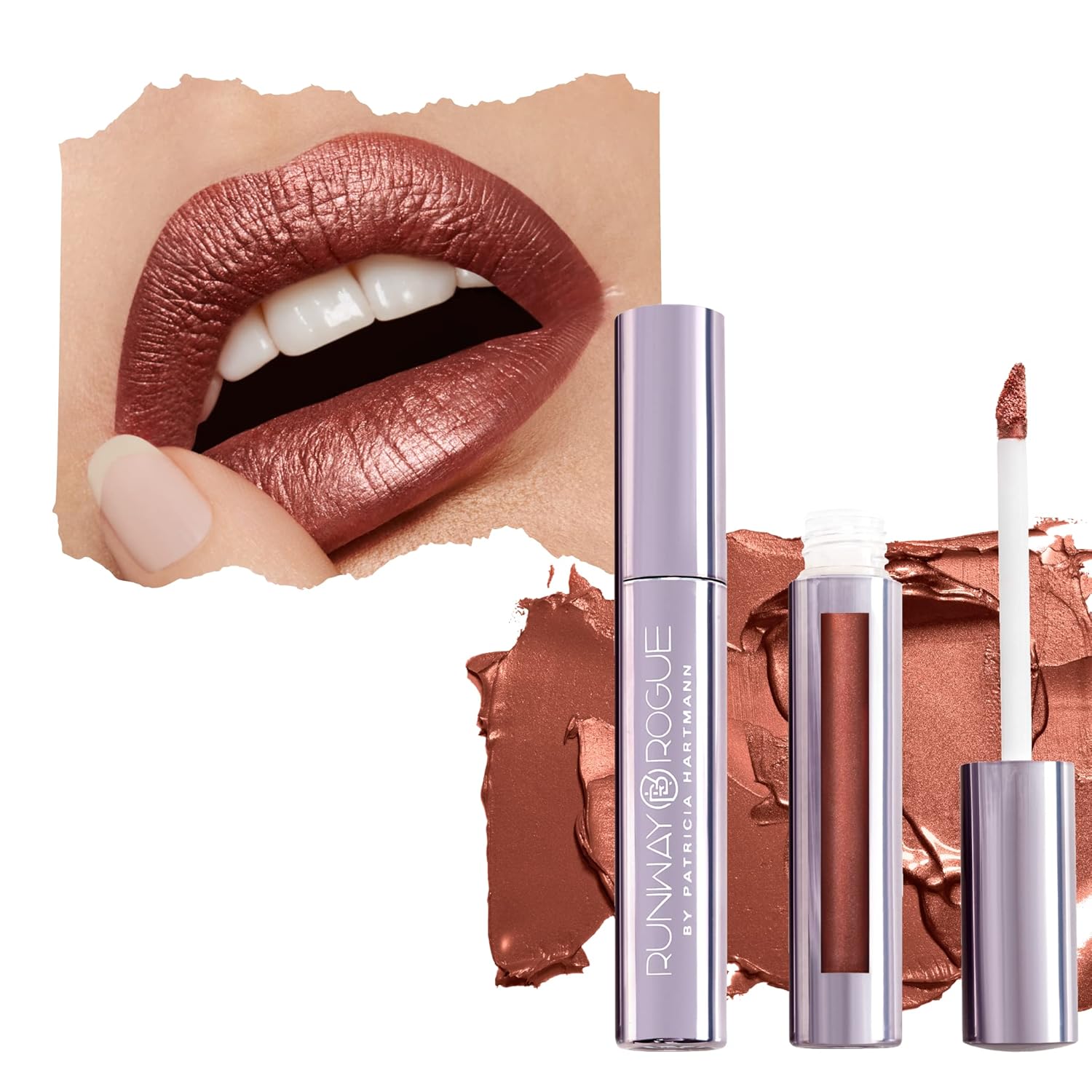 Runway Rogue Lápiz labial líquido Silk Glam, lápiz labial de bronce dorado esmerilado de larga duración, ‘Film Noir’