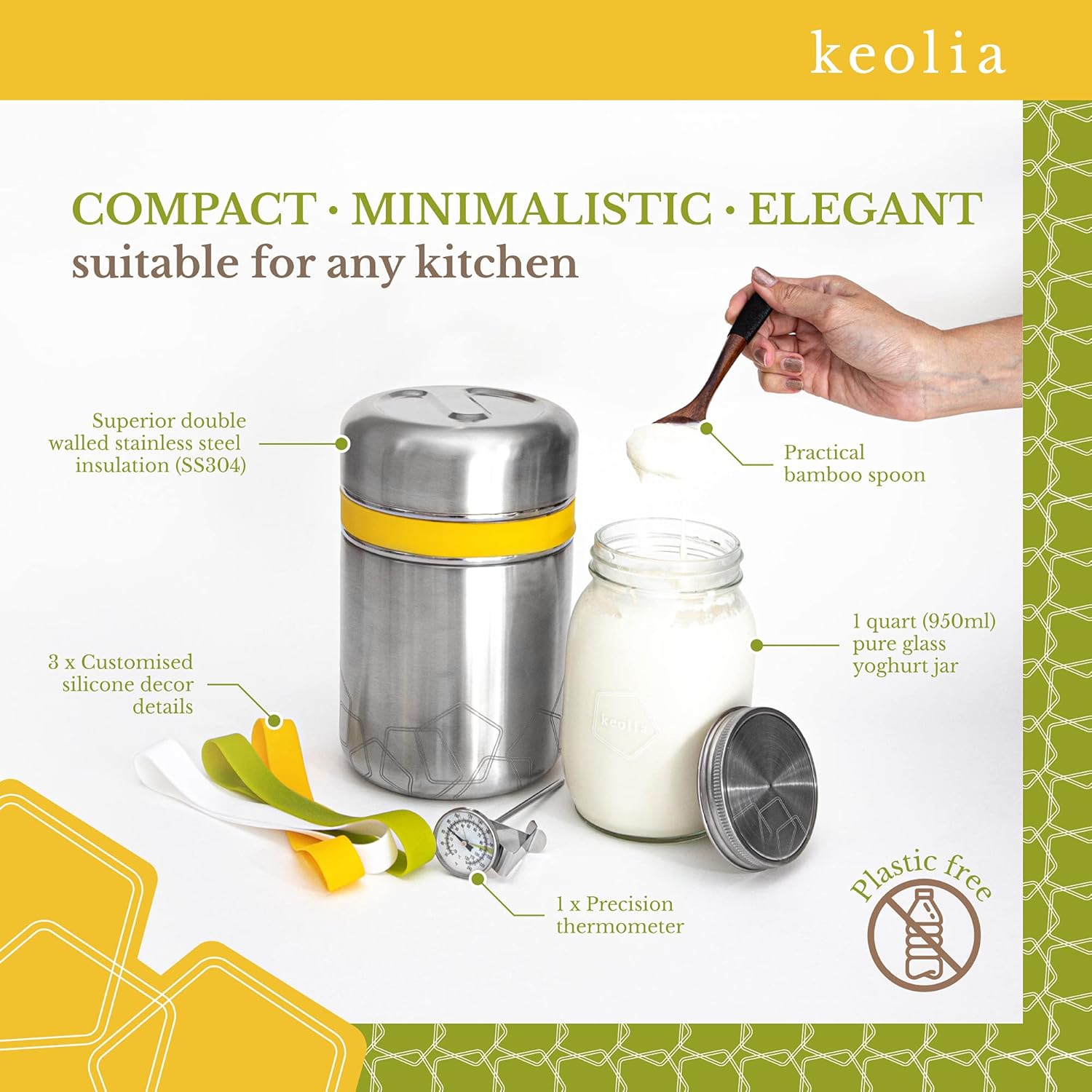 Keolia Máquina para hacer yogur, tarros de vidrio para yogur de 1 cuarto de galón con libro de recetas y accesorios para hacer yogur, cultura de