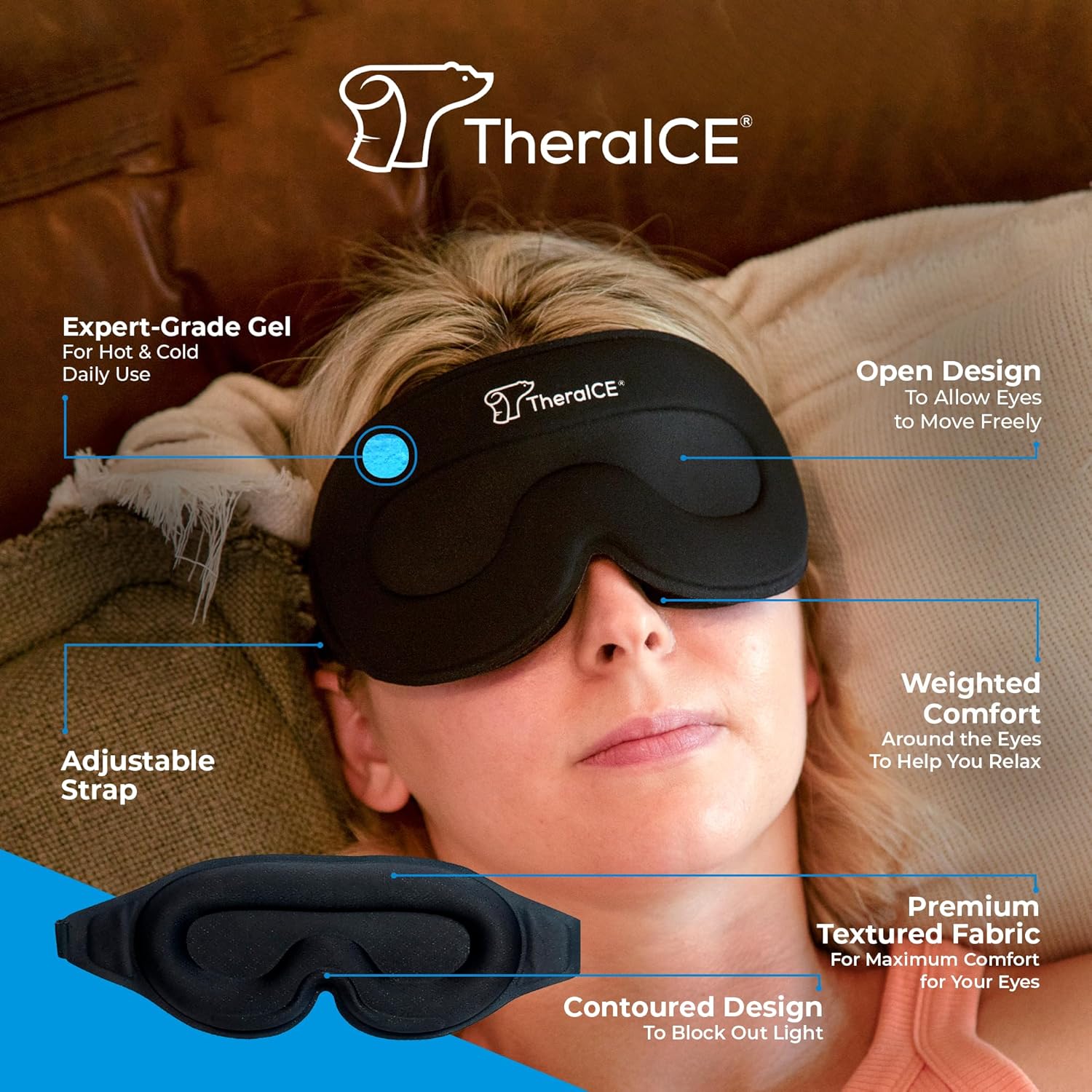 TheraICE Máscara para dormir + alivio de gel refrescante, antifaz para dormir, con venda para los ojos fríos, contorno 3D, relajante, sin presión,
