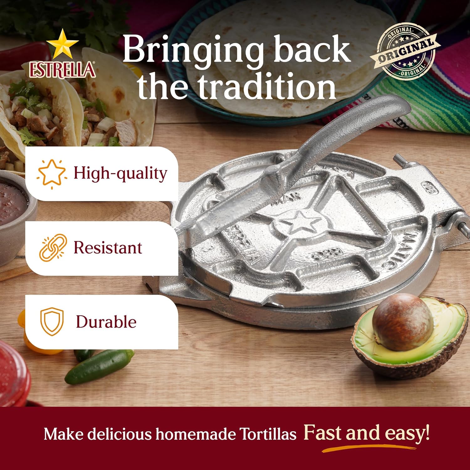 Estrella Prensa de Tortilla de Hierro Fundido de 7,5 pulgadas y Pataconera