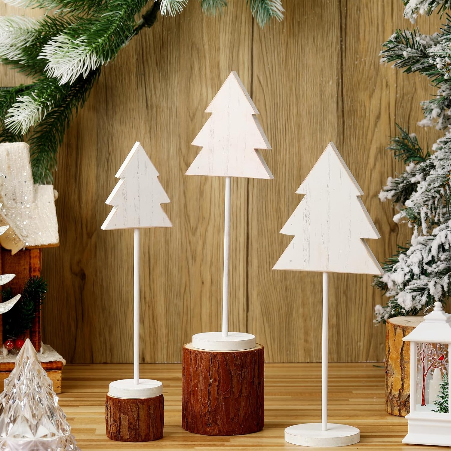 3 piezas de decoración de mesa de Navidad de pie alto blanco madera árbol de Navidad letreros de mesa de madera de Navidad decoración rústica centro