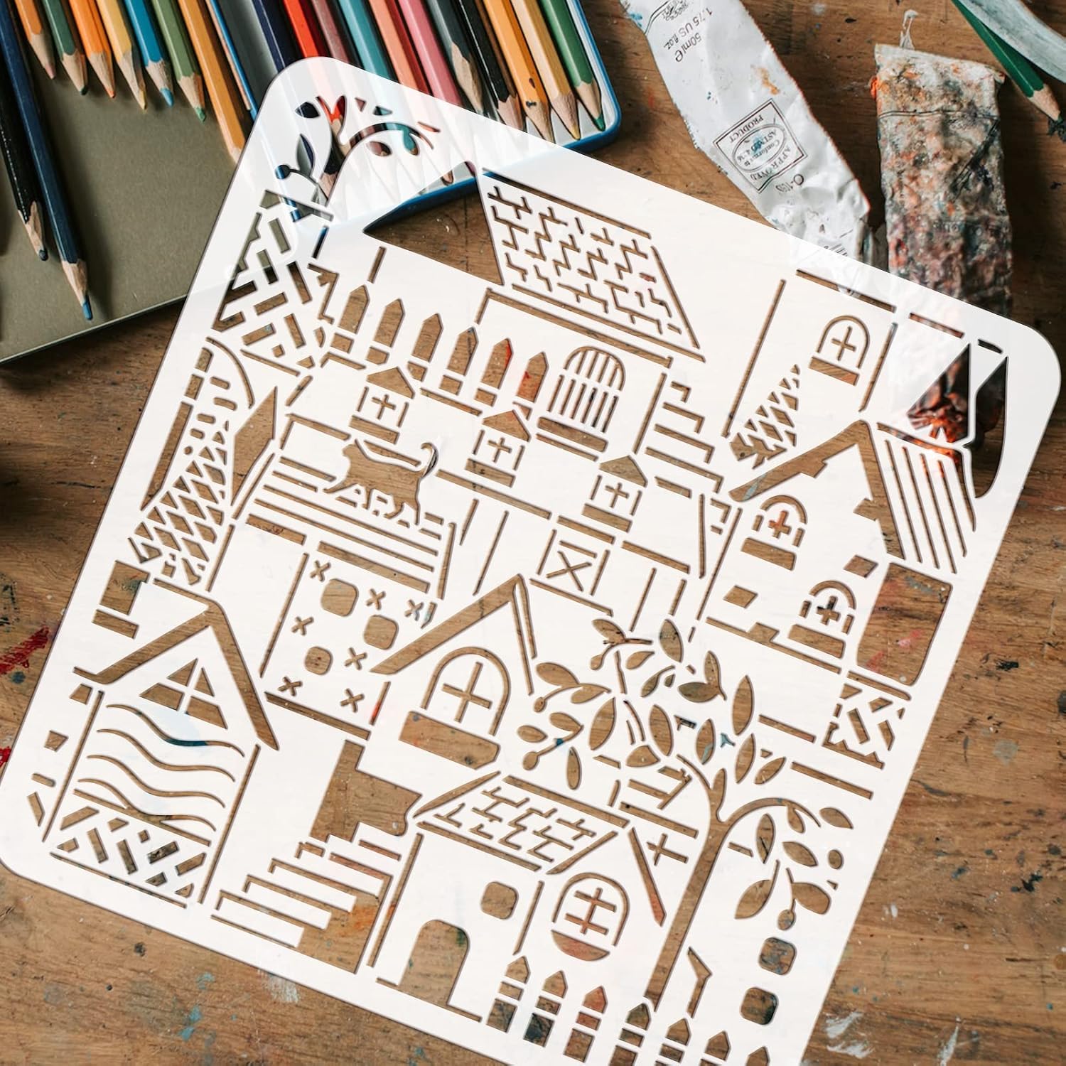 FINGERINSPIRE Houses – Plantilla de pintura de pueblo pequeño de 11.8 x 11.8 pulgadas, árboles reutilizables, para gatos, plantilla de plástico PET