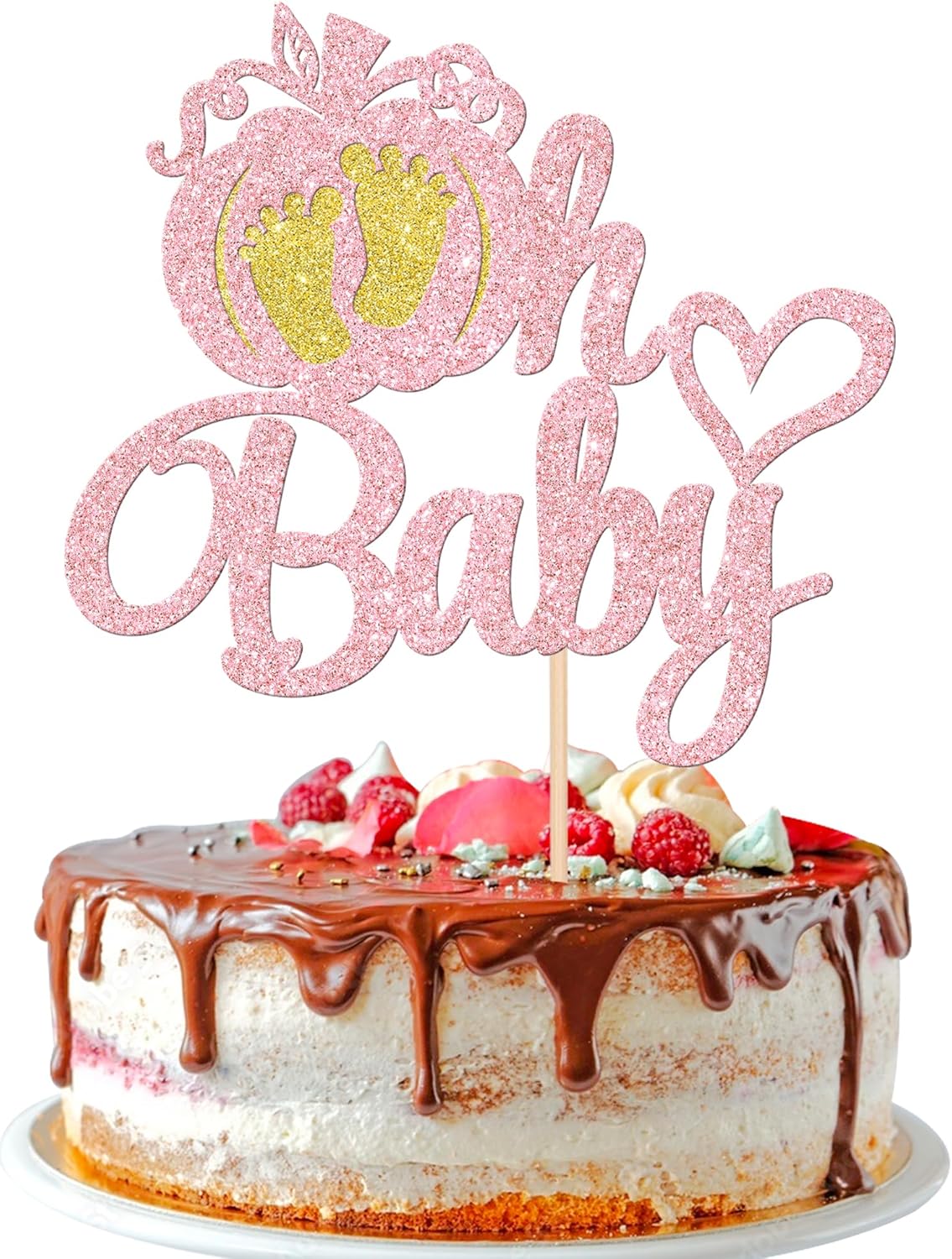 1 pieza de decoración de pastel de calabaza Oh Baby con purpurina, pies de corazón con purpurina, para baby shower, tema de otoño, baby shower,