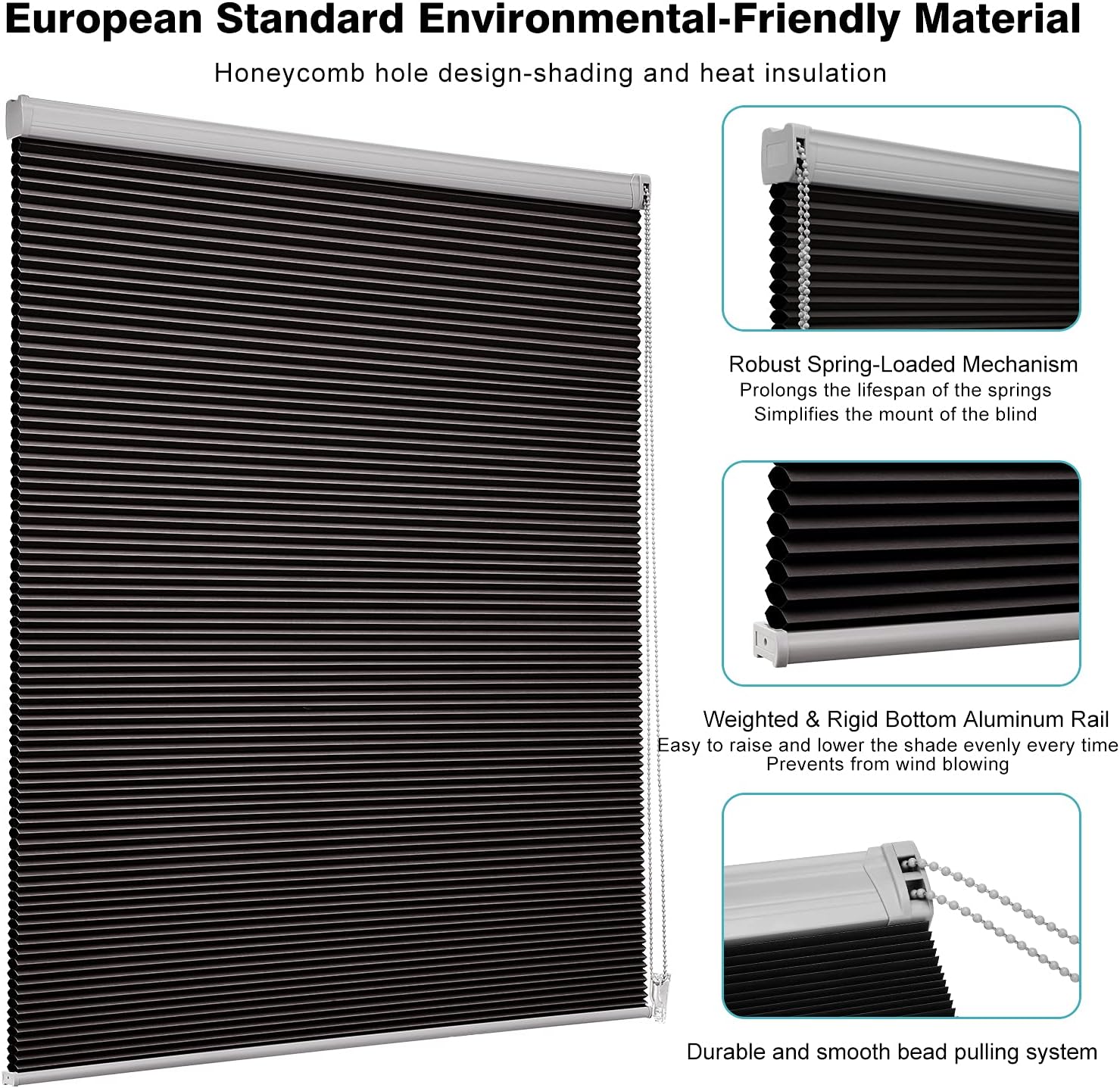 Changshade Persianas celulares opacas con el diámetro de panales de 1 pulgada para oficina, sala de estar, dormitorio, aislamiento térmico, negro