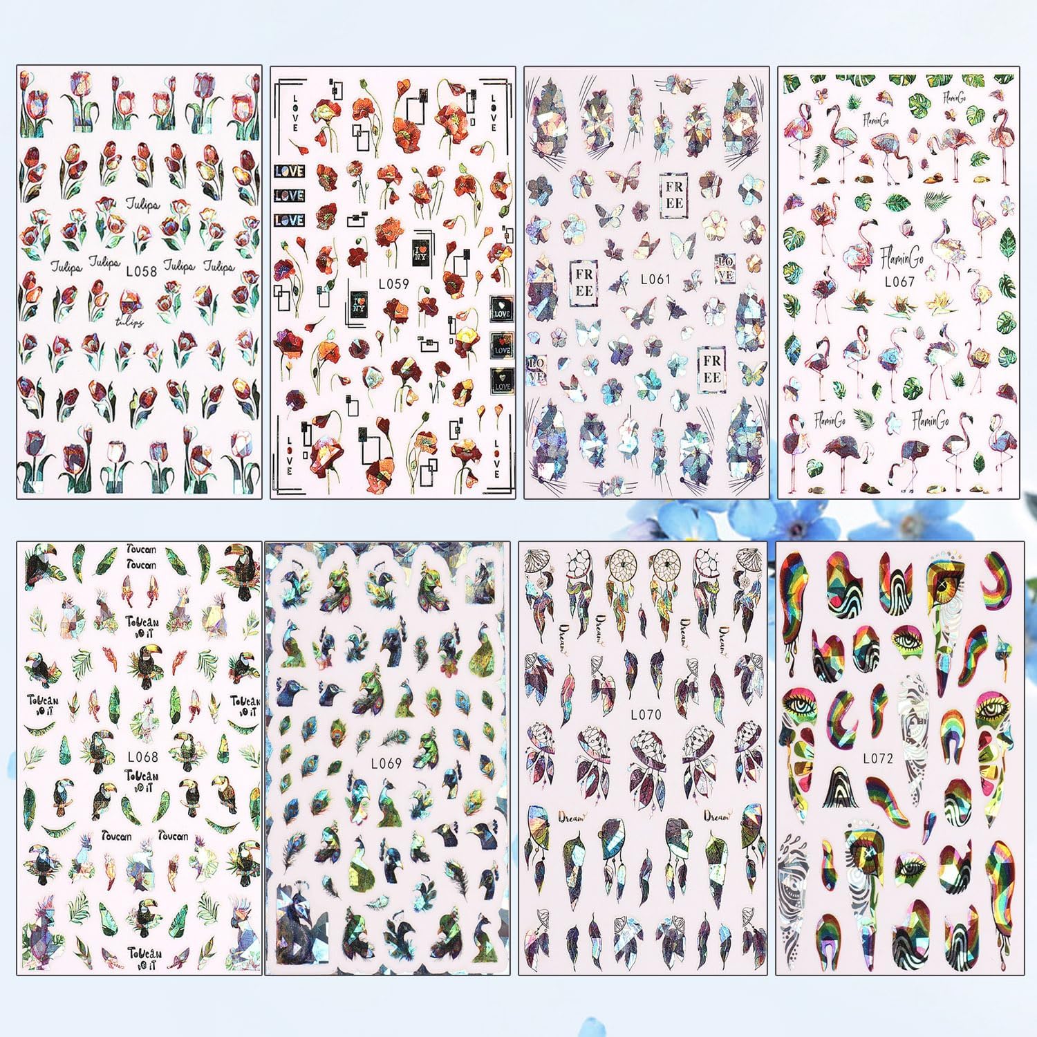 8 hojas de calcomanías de arte de uñas de flores de animales, calcomanías autoadhesivas 3D de mariposas, pavo real, suministros de arte de uñas,