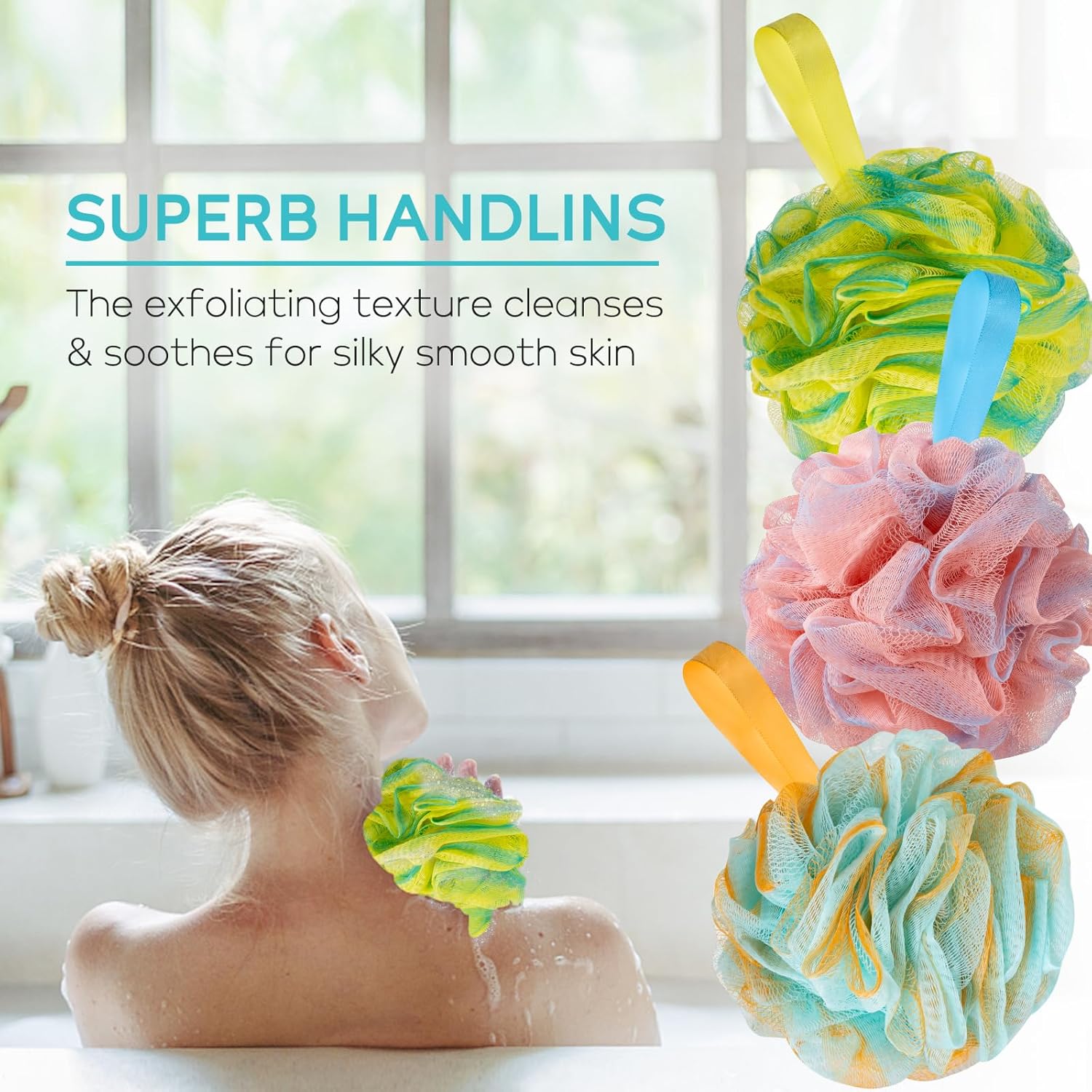 novosun Pelota de ducha opcional multicolor, esponja suave, exfoliante y eliminación de cuidado de la piel, esponja de baño Luffa, bolsa de malla de