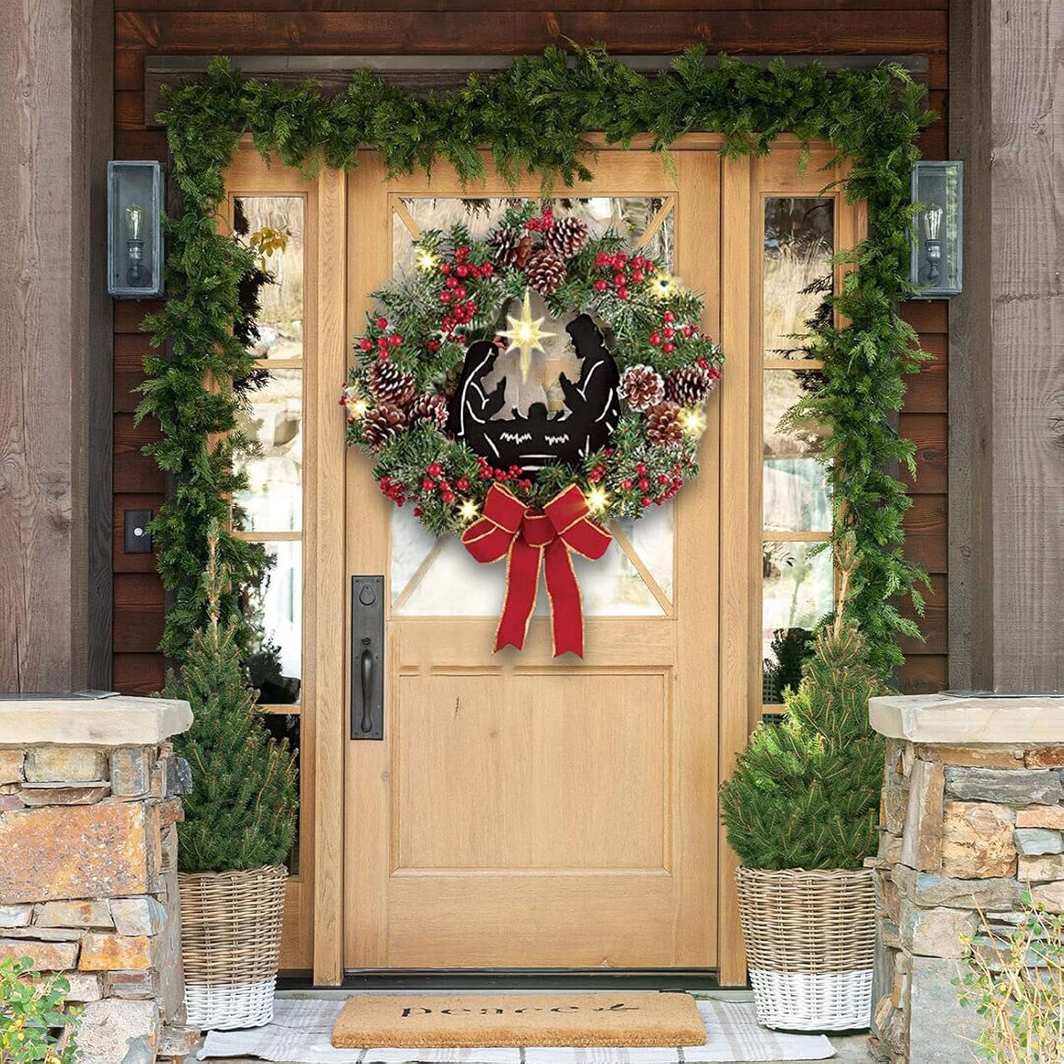Corona de Navidad con luz LED, corona de María para puerta delantera, casa de campo al aire libre e interior para puerta delantera, corona de