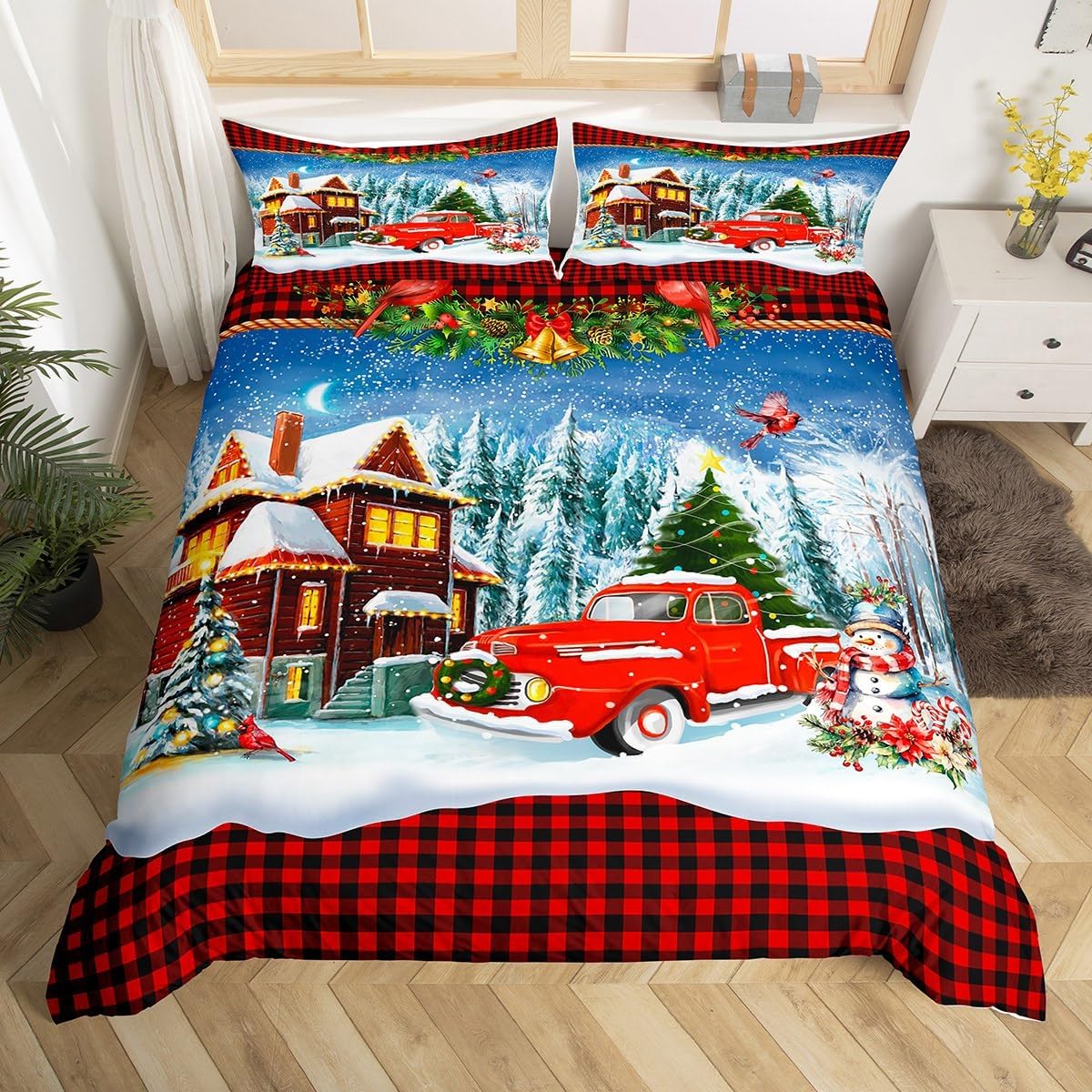 Juego de funda de edredón de Navidad para niños, tamaño King, juego de ropa de cama retro de camión rojo y vista de nieve de invierno, 3 piezas,