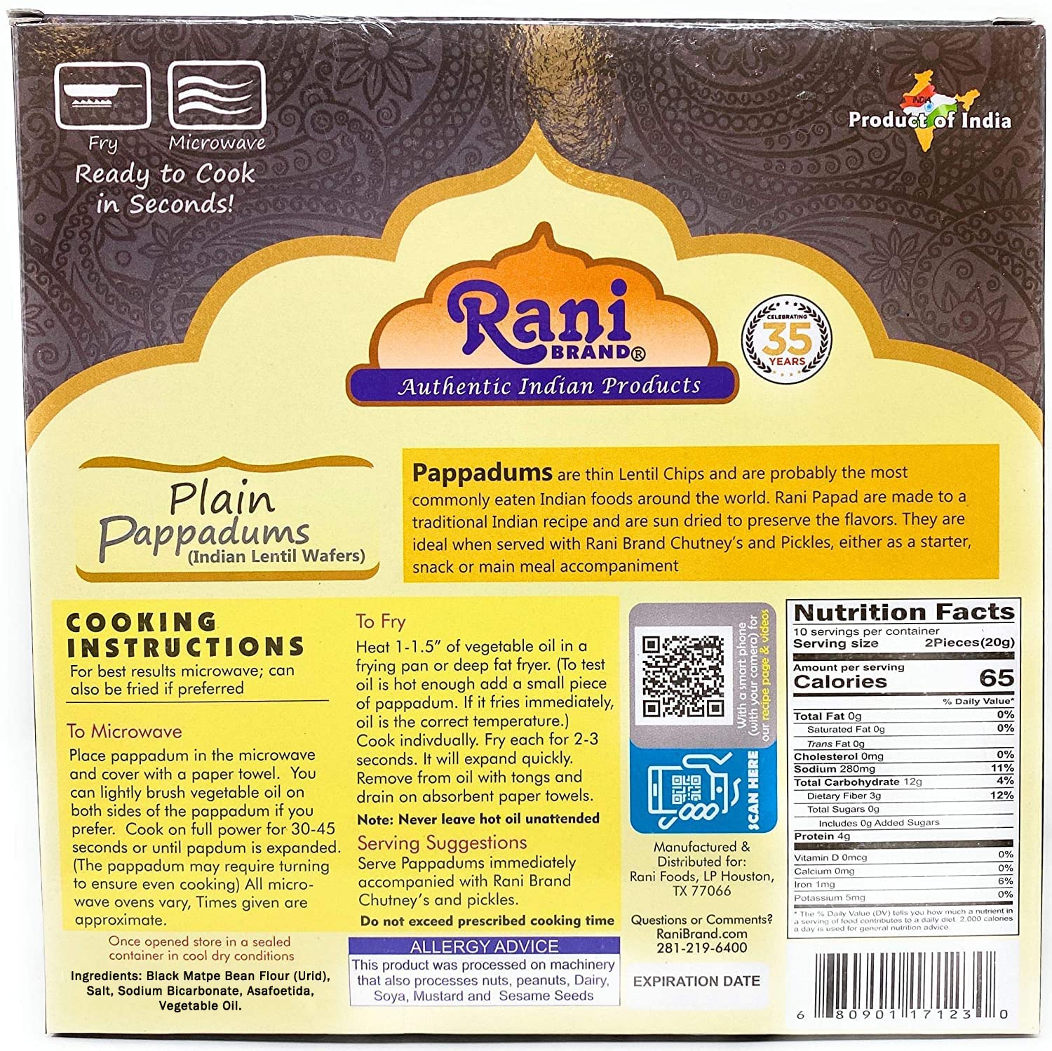 Rani Pappadums (aperitivo de oblea de lentejas indias) Papad liso 7 onzas (7.05 oz) aproximadamente 15 unidades, 7 pulgadas  Todo natural  Apto para