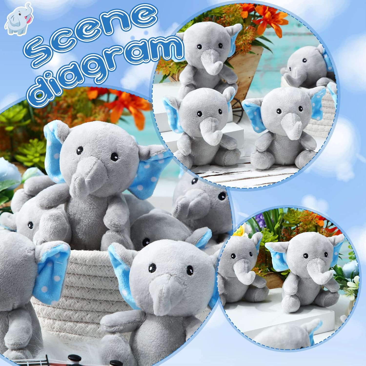 12 piezas de mini elefante de peluche de 4 pulgadas, pequeños y lindos juguetes de elefante de bosque suave para niños y niñas, decoración de baby