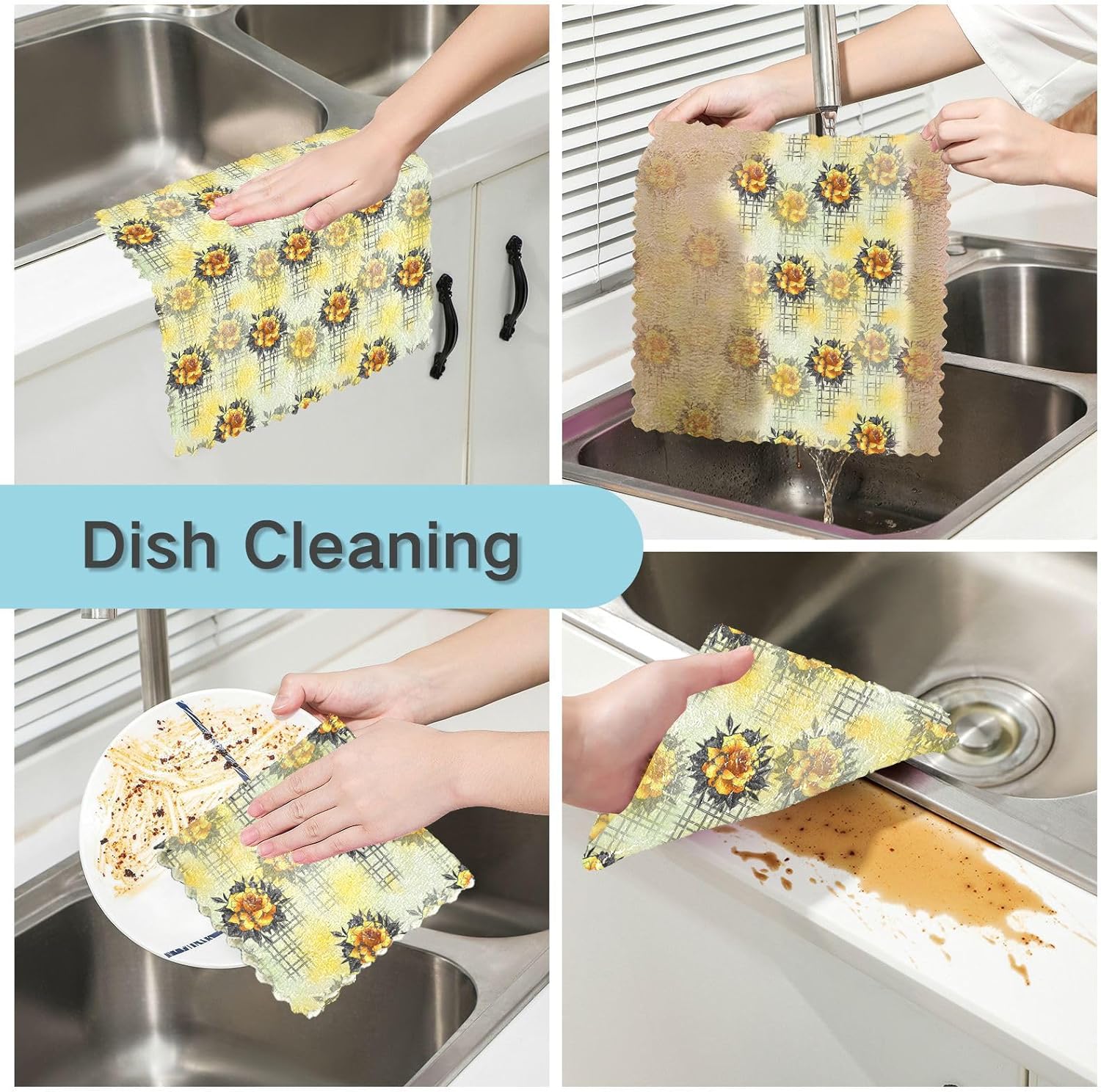FRODOTGV Lining Rose Flower Soft Decorative Microfiber Dish Drying Towel Absorbent Set of 6 Kitchen Tea Towels for Countertop Coffee