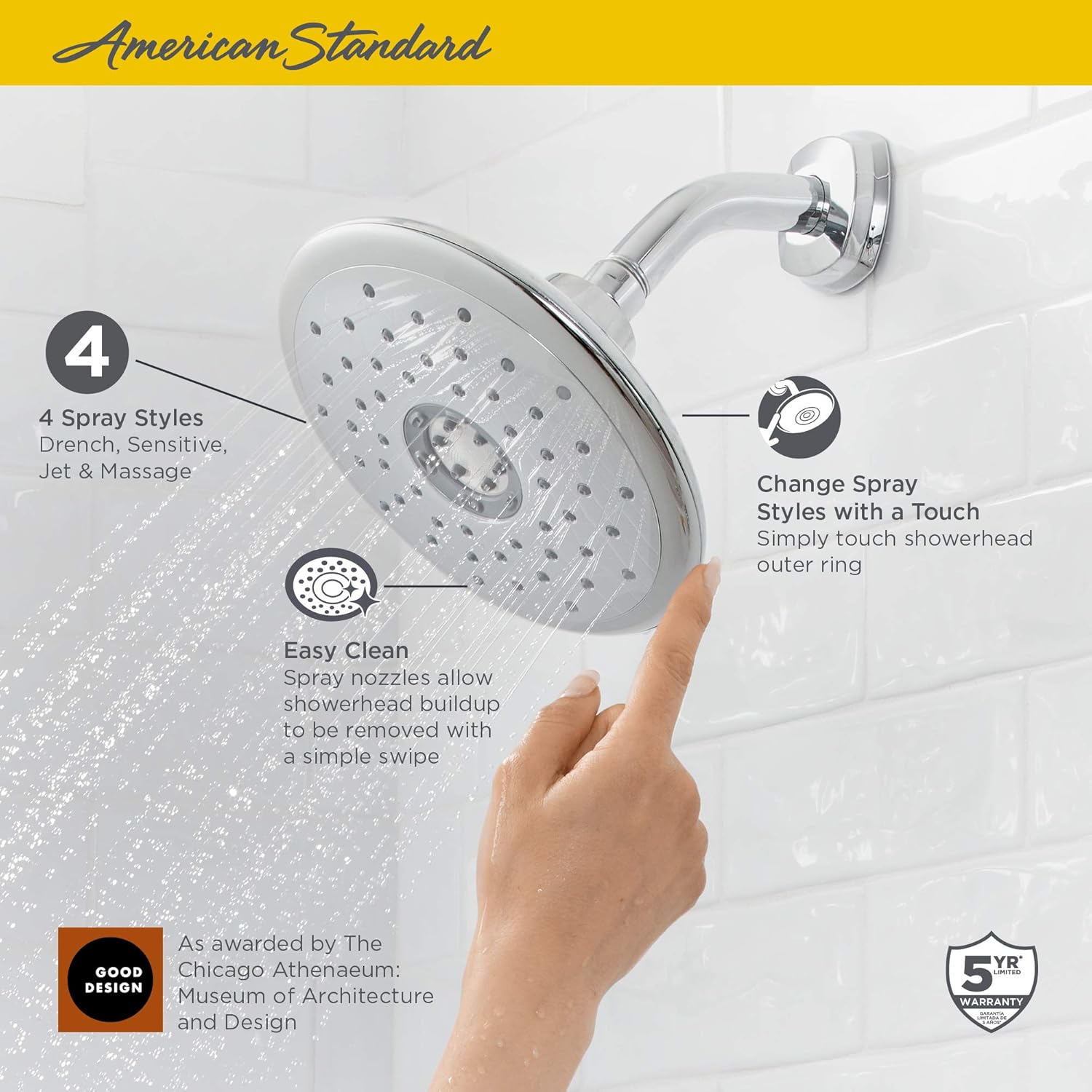 American Standard 9035374.295 Spectra+ Touch – Cabezal de ducha de 4 funciones, 2.5 GPM, níquel cepillado