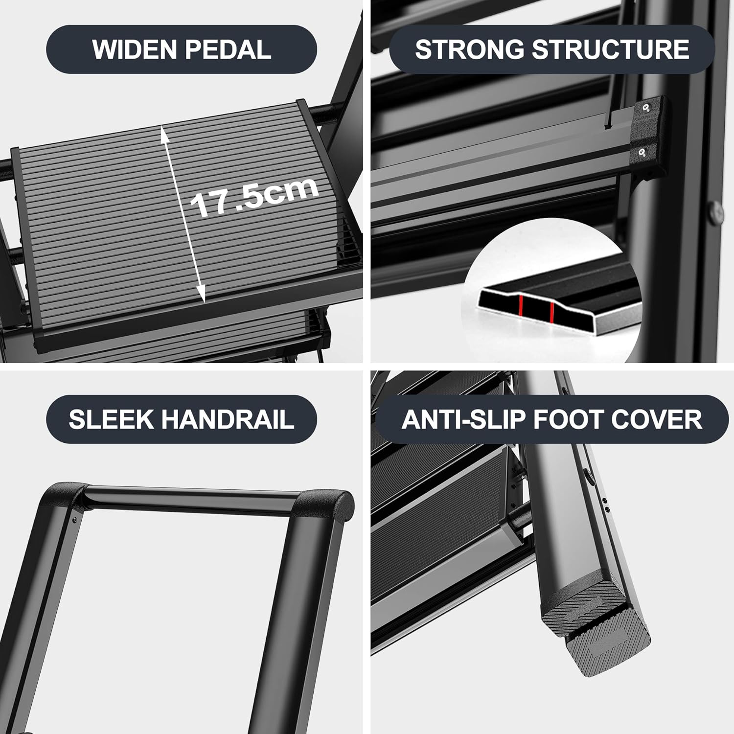 GameGem Escalera plegable de aluminio ligero de 5 escalones con pedal antideslizante y ancho para uso en el hogar y la cocina, ahorro de espacio