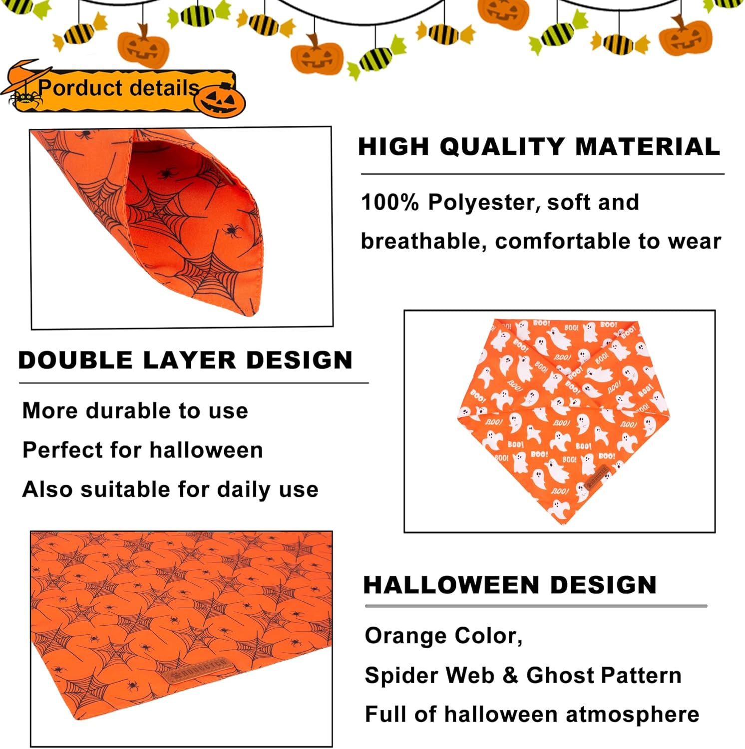 ADOGGYGO Bandana de Halloween para perro, bufanda de perro con diseño de fantasma de telaraña, tela duradera de alta calidad, bandanas de Halloween