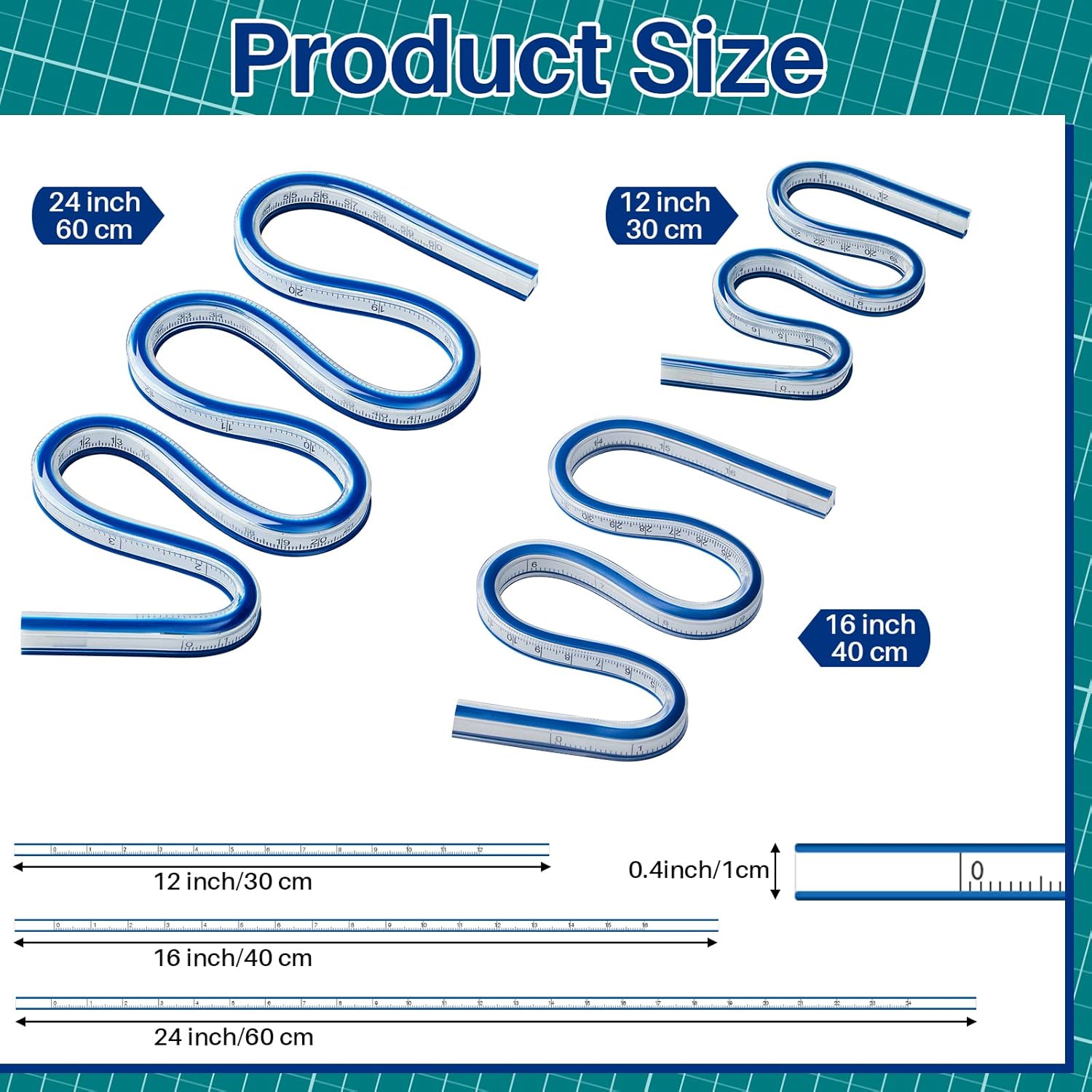 3 reglas de curva flexibles de 12, 16, 24 pulgadas, reglas flexibles para dibujar, regla curva para coser, cinta métrica flexible de curva ideal