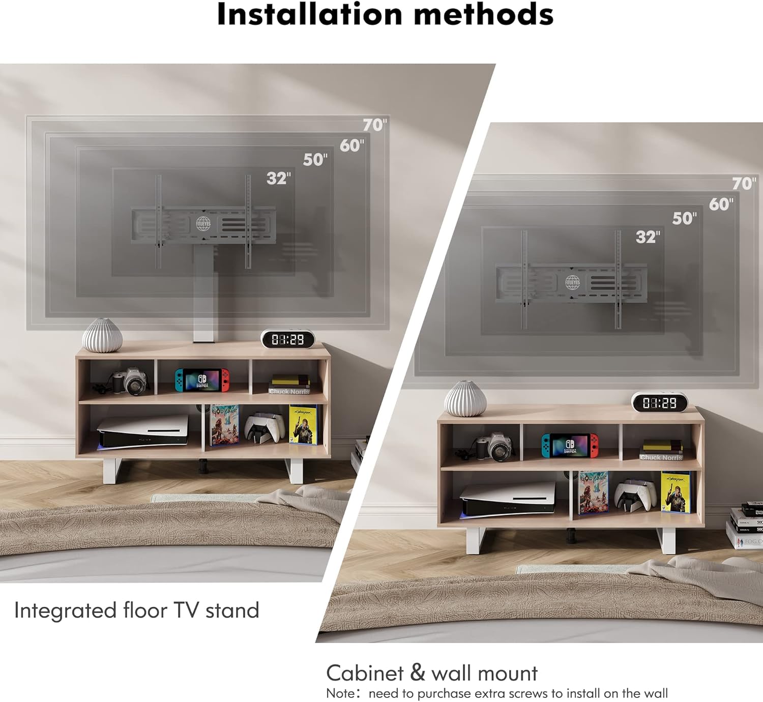 FITUEYES Soporte de TV con soporte para televisores de 32 a 70 pulgadas, centro de entretenimiento con consola de madera con capacidad para hasta