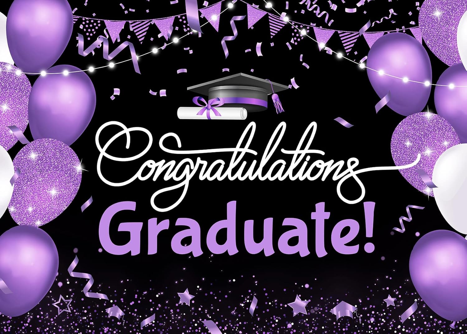 Telón de fondo de graduación de 7 x 5 pies para sesión de fotos, globo negro y morado, felicitaciones de graduados de clase de 2023, felicitaciones,