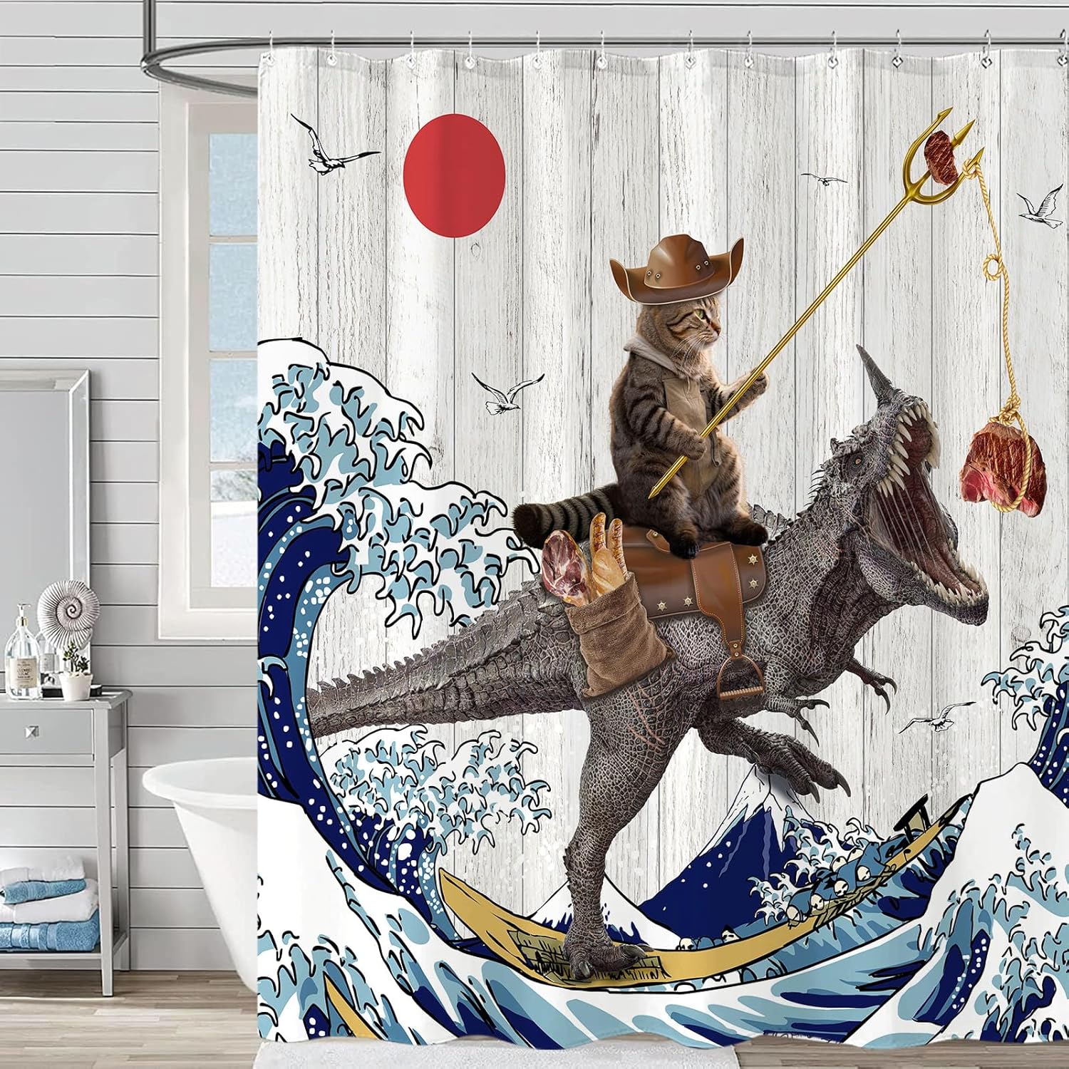 Fowocu Divertida cortina de ducha de dinosaurio con diseño de gato japonés con ondas oceánicas, cortinas de ducha de tela impermeable para baño de