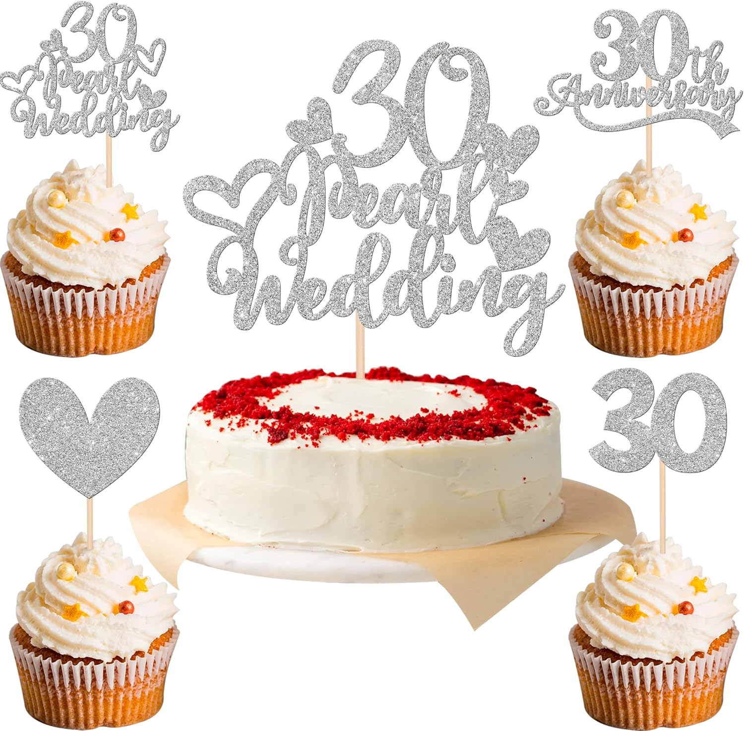 25 piezas de adornos para cupcakes de 30 aniversario con 30 perlas para pastel de boda, corazón con purpurina, 30 aniversario de boda, decoración de