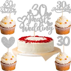 25 piezas de adornos para cupcakes de 30 aniversario con 30 perlas para pastel de boda, corazón con purpurina, 30 aniversario de boda, decoración de 25 piezas de adornos para cupcakes de 30 aniversario con 30 perlas para pastel de boda, corazón con purpurina, 30 aniversario de boda, decoración de