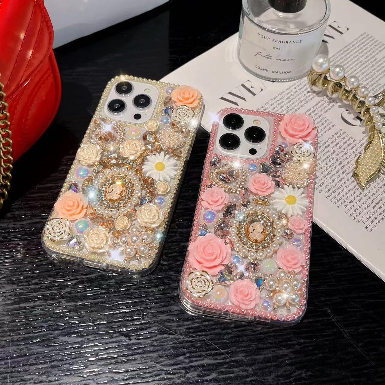 Funda con diamantes de imitación para iPhone 15 Pro Max de 6.7 pulgadas, CuteGlitter Bling Bling Luxury 3D Stone Diamond Flower Rose Queen Soft TPU