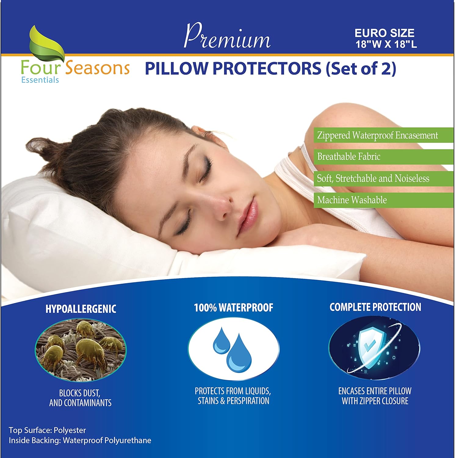 Juego de 2 fundas de almohada cuadradas de 18 x 18 pulgadas, impermeables, hipoalergénicas, a prueba de polvo, con cremallera
