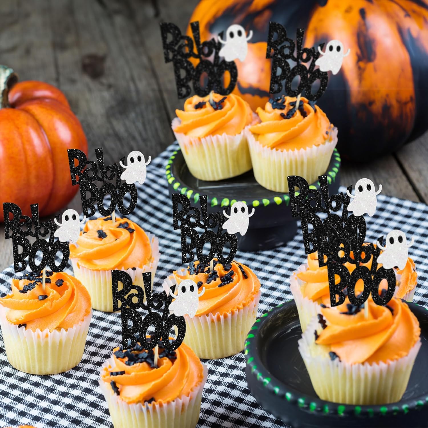 24 piezas de decoración para cupcakes Baby Boo con purpurina negra espeluznante y espeluznante para cupcakes de fantasmas para Halloween, baby