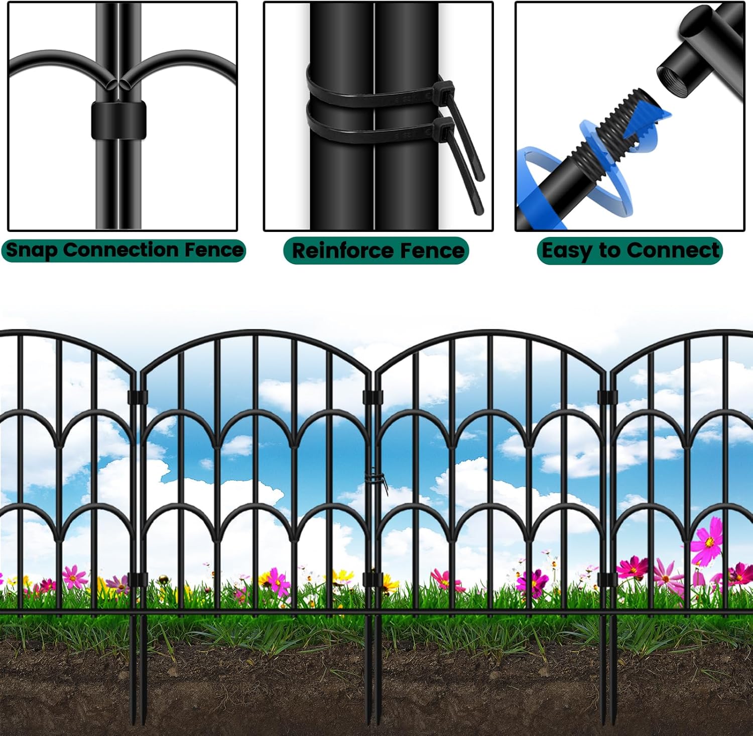 Valla de barrera de animales, paquete de 10 unidades, valla decorativa de jardín de 23.4 pulgadas de alto x 10.8 pies de largo, metal inoxidable sin