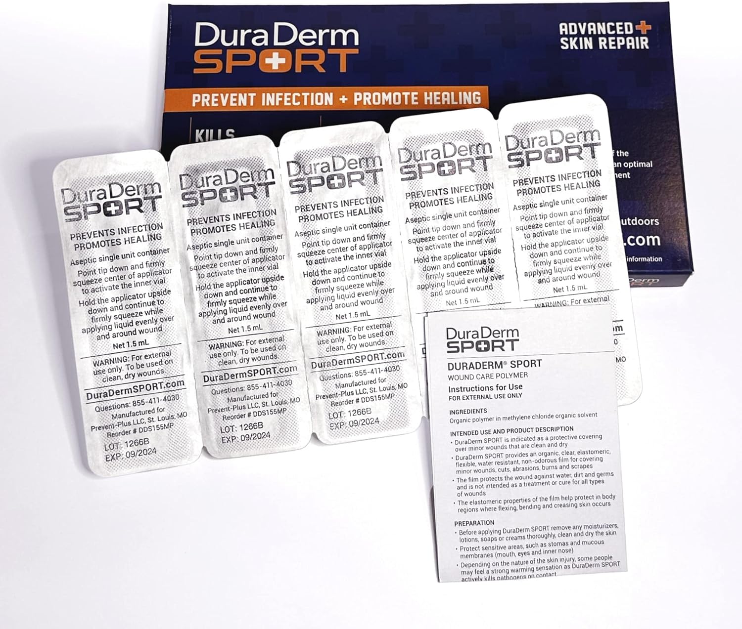 DuraDerm SPORT Vendaje líquido aprobado por la FDA, caja de 5 palitos envueltos individualmente