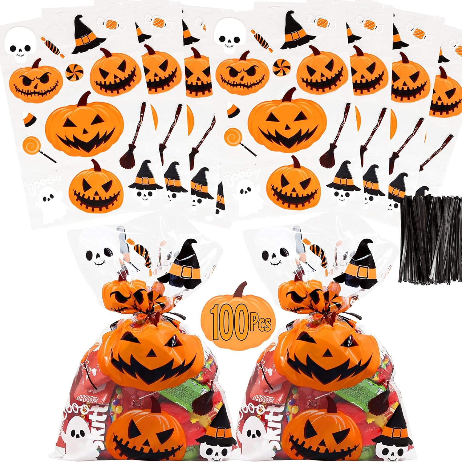AnapoliZ Bolsas de regalo de Halloween  100 piezas (6 x 9 pulgadas)  Bolsas de celofán transparente de 2.5 mil con divertidos diseños aterradores