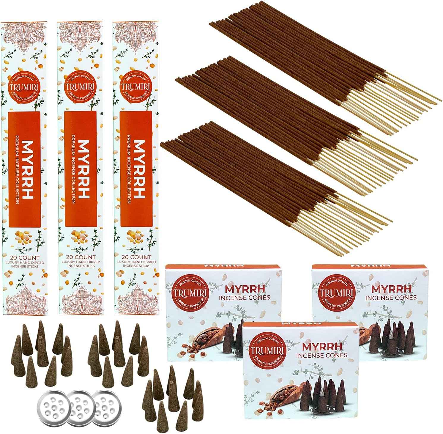 Paquete combinado de varillas de incienso perfumadas de mirra y conos de incienso  60 varillas de incienso + 30 conos de insencia  Inscienso  Conos