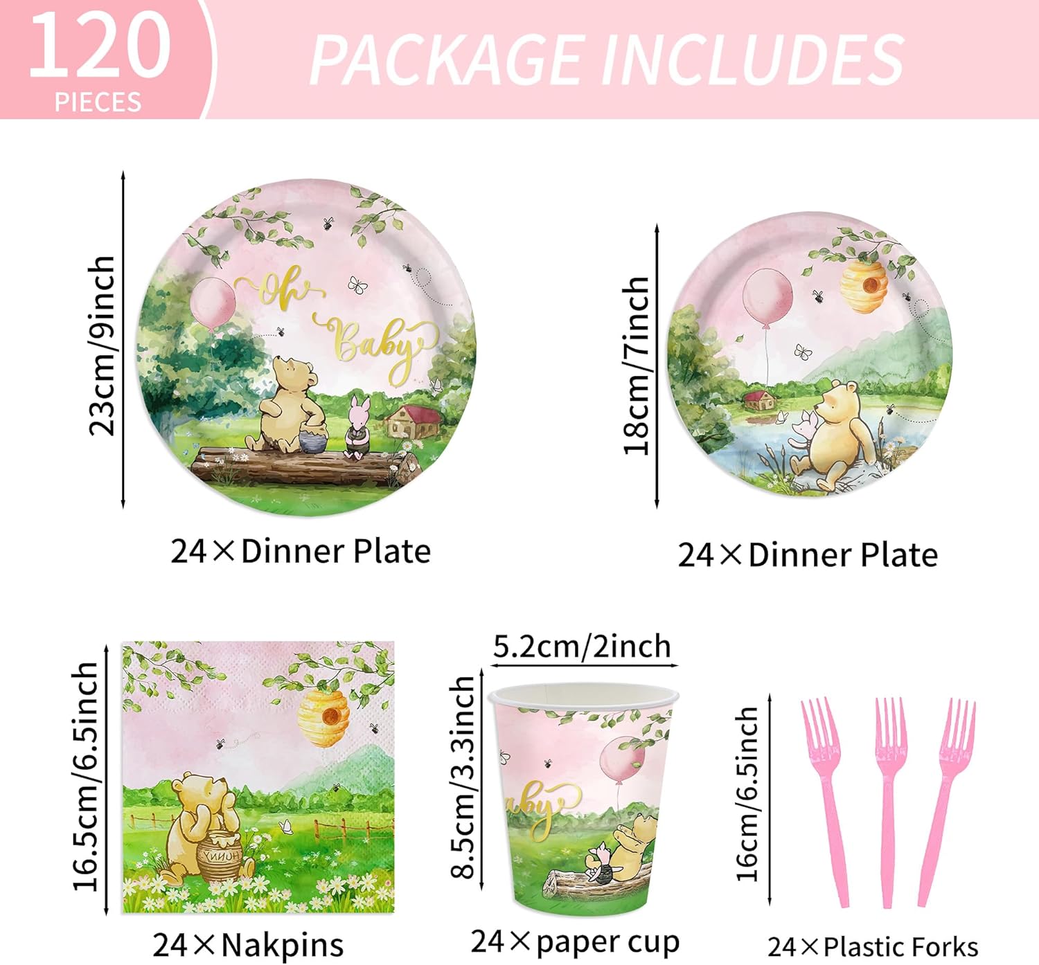 120 piezas de decoración de baby shower, platos Pooh para niñas, suministros para fiesta de cumpleaños, tazas de oso vintage, juego de vajilla de