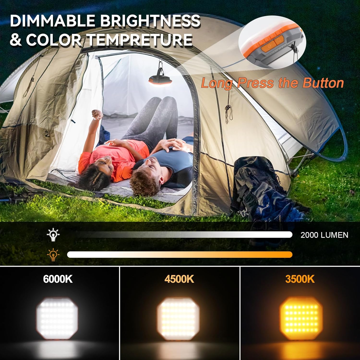 Durapower Luz de camping de energía solar, luz LED recargable para tienda de campaña, banco de energía regulable sin pasos para teléfono, luz LED