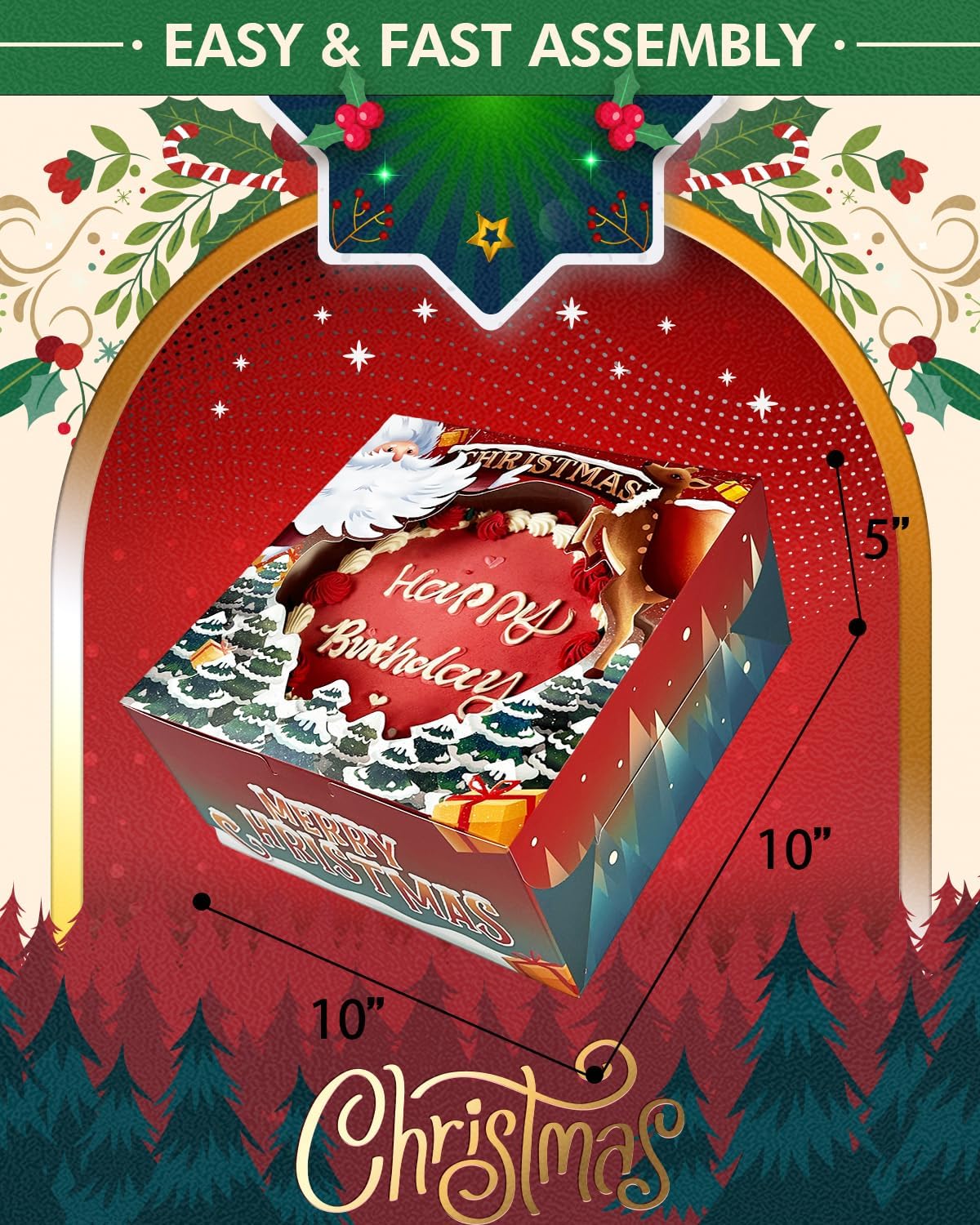 qiqee Cajas de pastel de Navidad de 10 x 10 x 5 pulgadas, caja de panadería con ventana, 12 paquetes de cajas de pastelería para Navidad