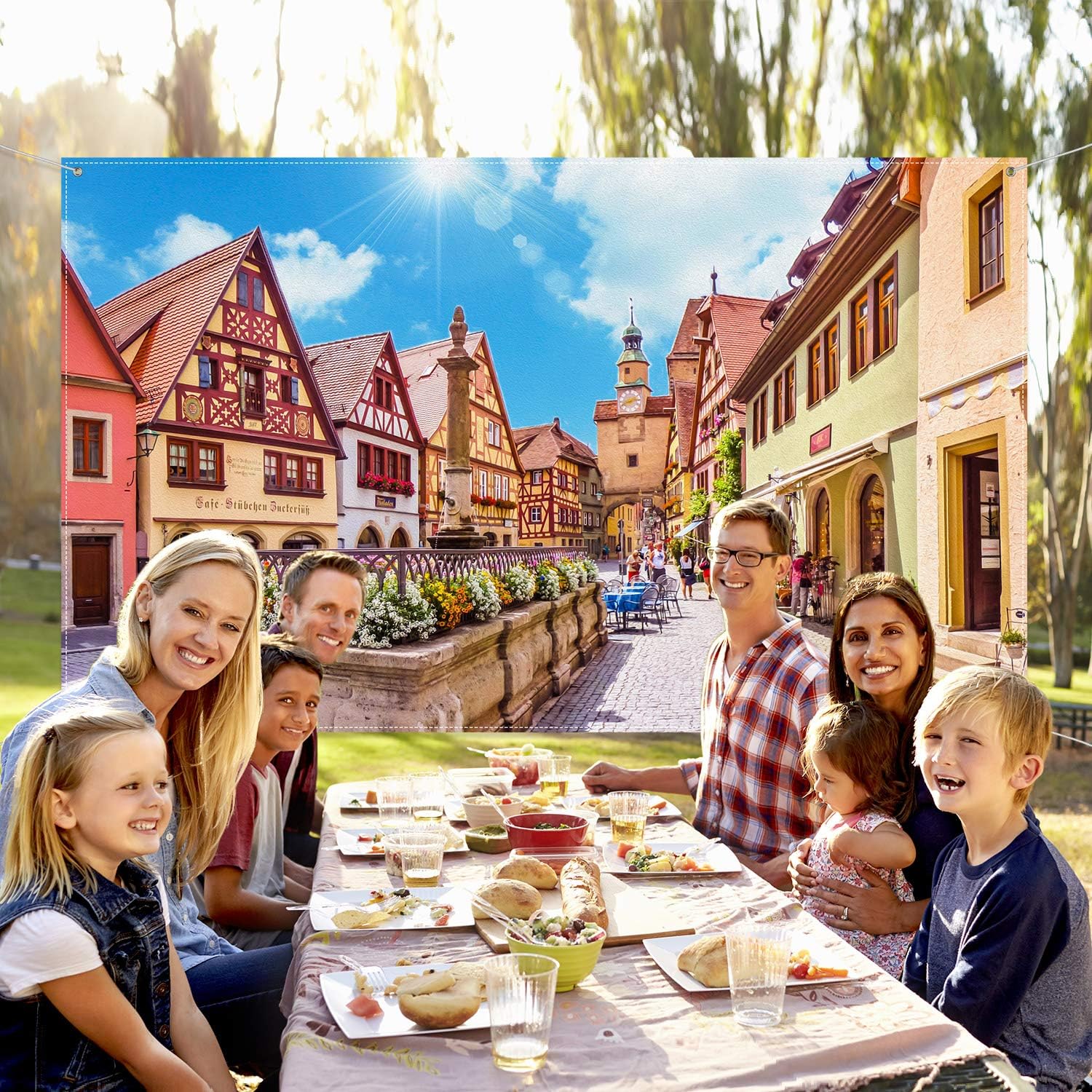 Decoraciones para festivales en el estilo del Oktoberfest, póster extra grande de paisaje de calle bávara, telón de fondo, pancarta de fondo para