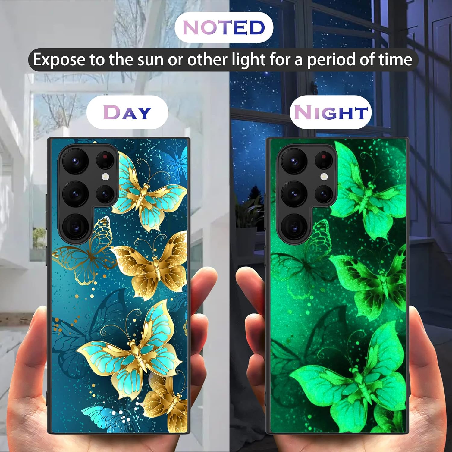 GUAGUA Funda protectora para Samsung Galaxy S23 Ultra que brilla en la oscuridad, Samsung S23 Ultra, bonita mariposa azul noctilucente, a prueba de