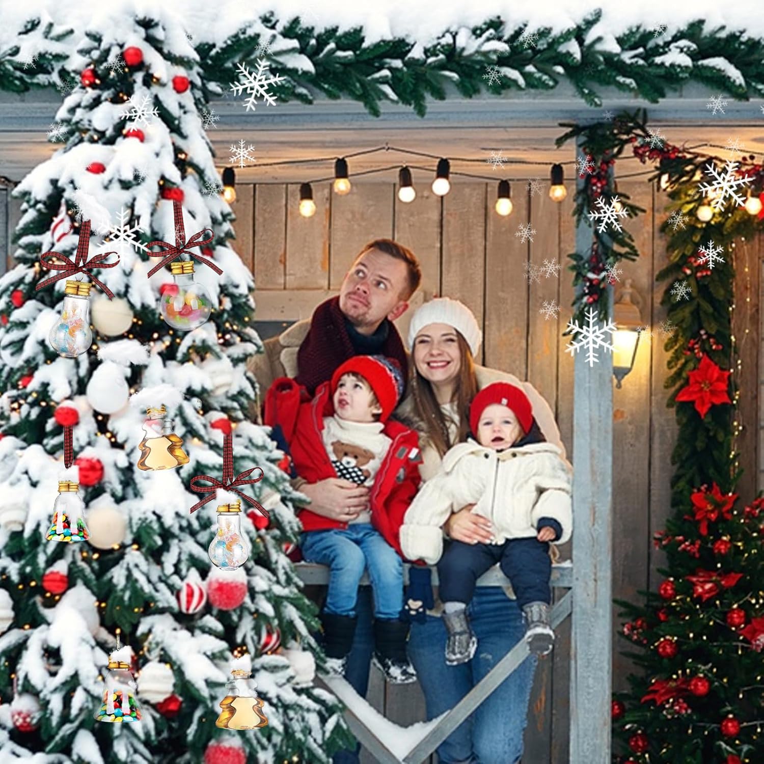 18 bolas de alcohol para fiestas navideñas, adornos de árbol de alcohol rellenables con calcomanías de cinta a cuadros de búfalo de plástico