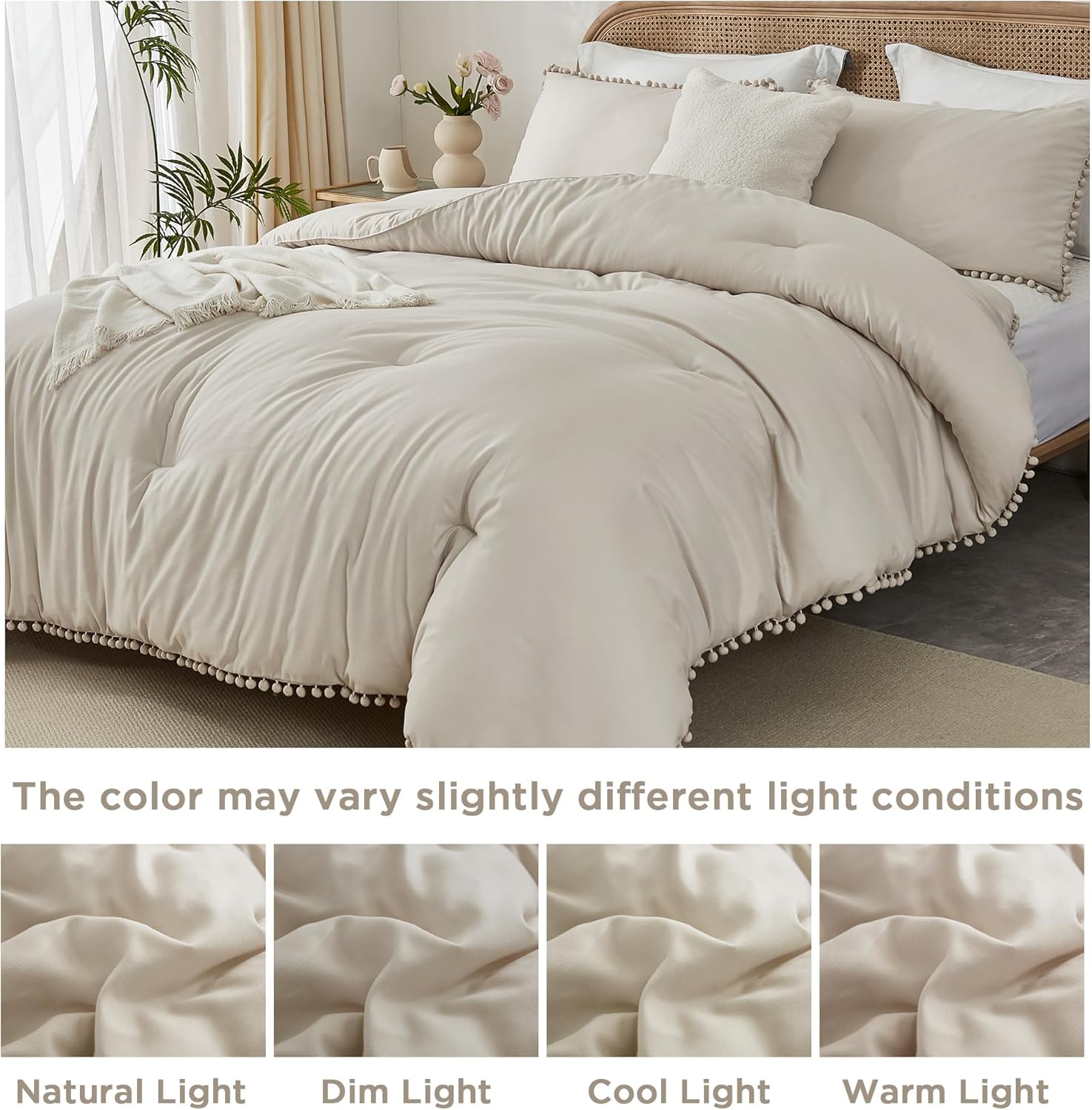 annadaif Juego de edredón beige tamaño Queen, edredón de 3 piezas con flecos de pompones, juego de ropa de cama de microfibra suave alternativa para