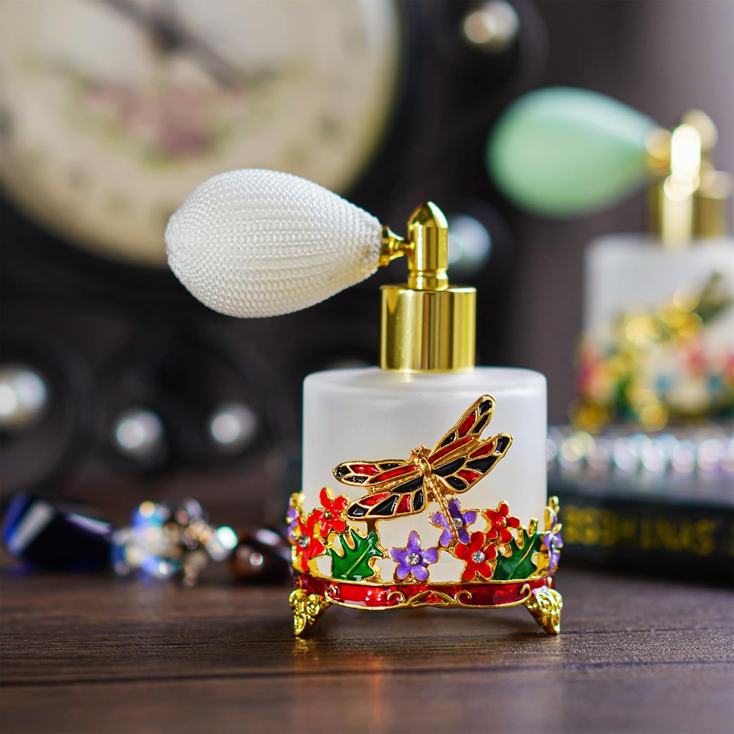 YU FENG Botella de perfume vintage de libélula, botella de perfume redonda recargable de 0.5 fl oz, atomizadores, botellas de vidrio esmerilado,