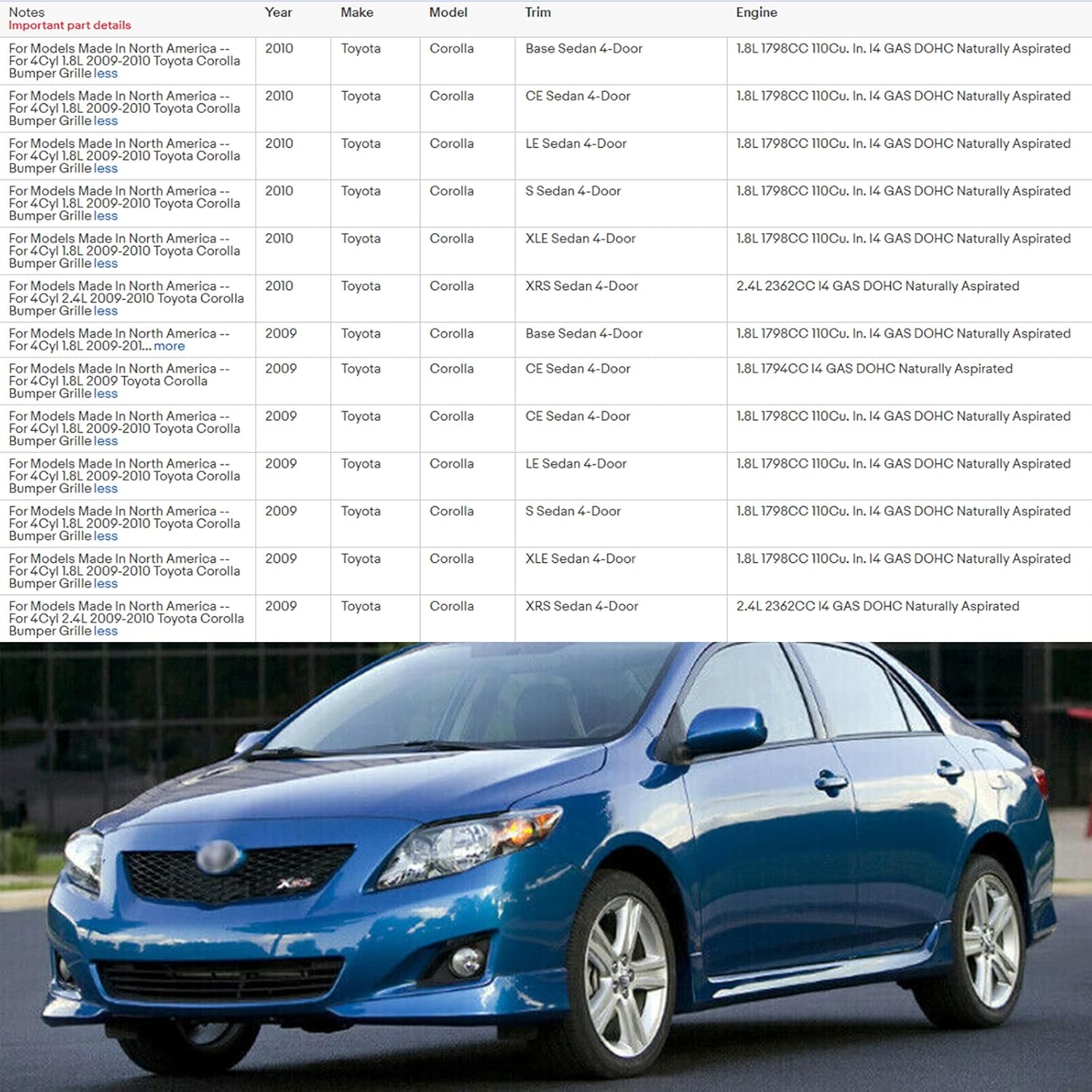 YLT AUTO Parachoques delantero inferior rejilla guardia negro capó delantero entrada de aire para 2009 2010 Toyota Corolla S LE CE XRS XLE