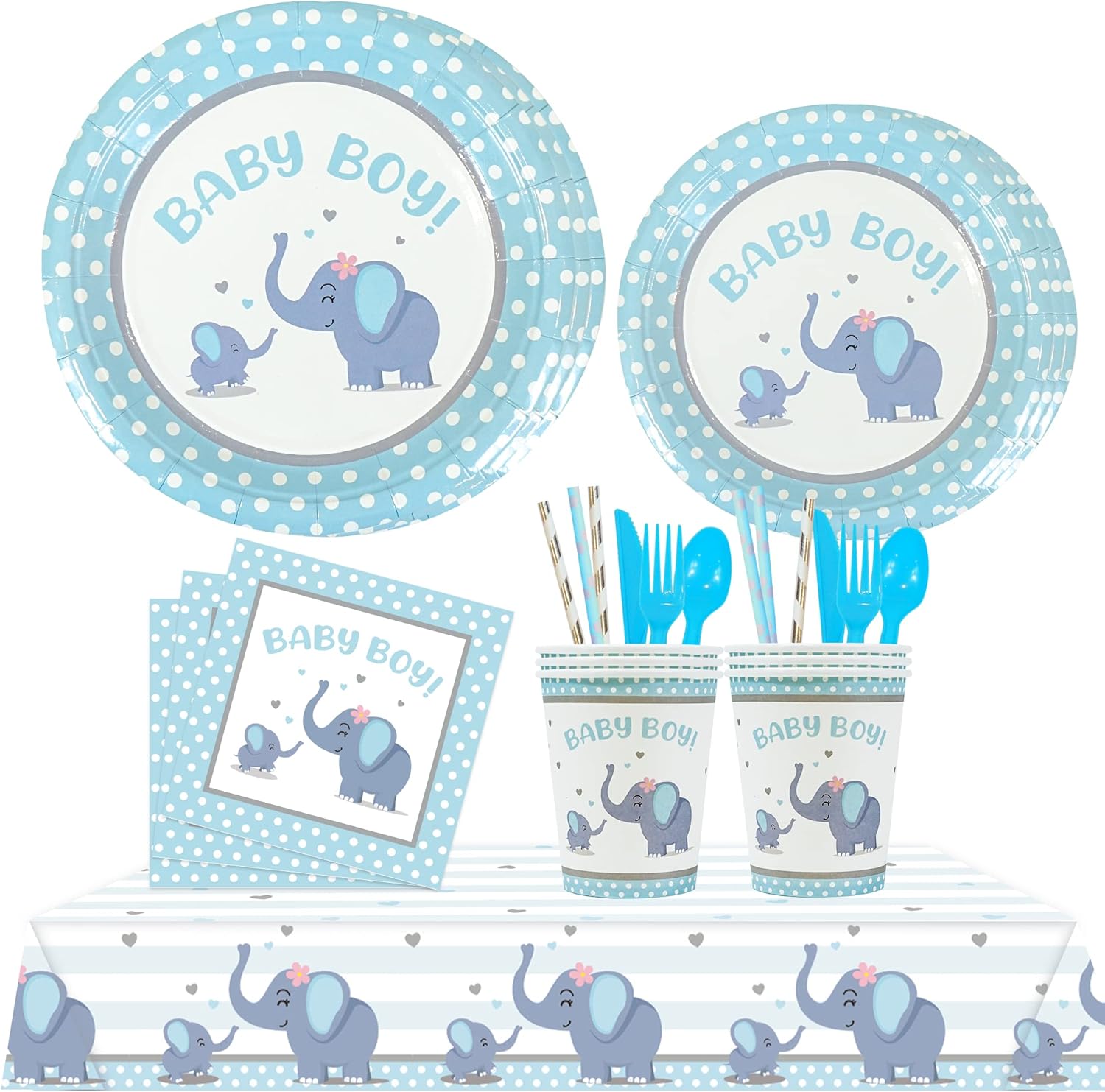 201 piezas de decoración de baby shower de elefante azul para niños, suministros de fiesta de cumpleaños para bebé, mantel, platos de papel,