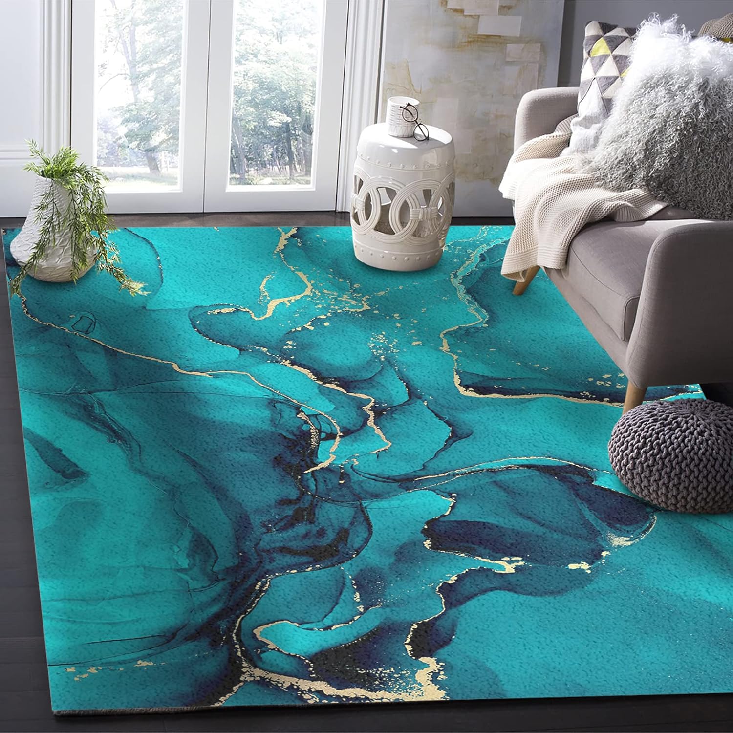 Alfombras de área grande con forma rectangular de mármol aguamarina, 2.7 x 5 pies, línea dorada, tinta verde azulado, arte abstracto moderno, (no