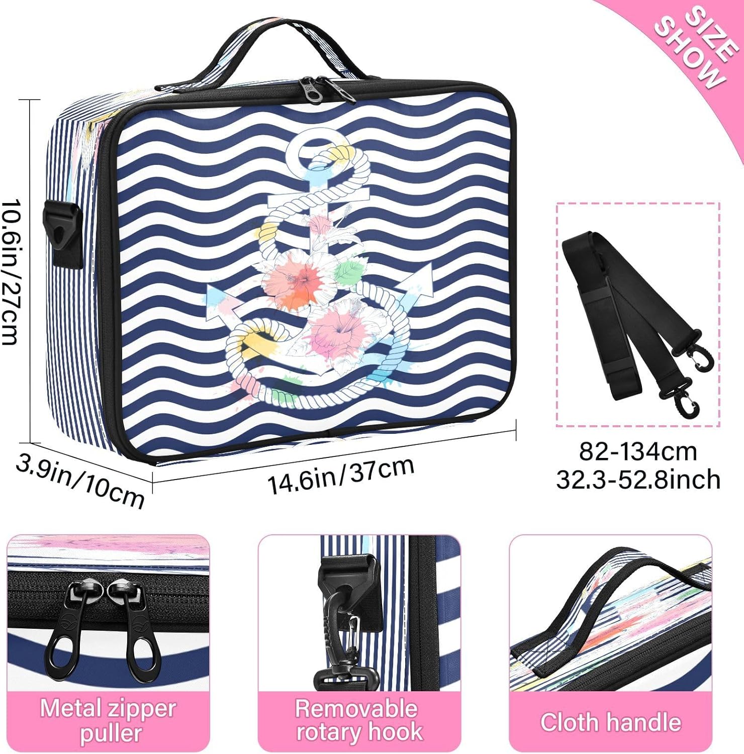 Ancla y flores onduladas de color azul marino a rayas con capacidad de viaje, bolsa de maquillaje de viaje, bolsa de maquillaje para mujer, bolsos