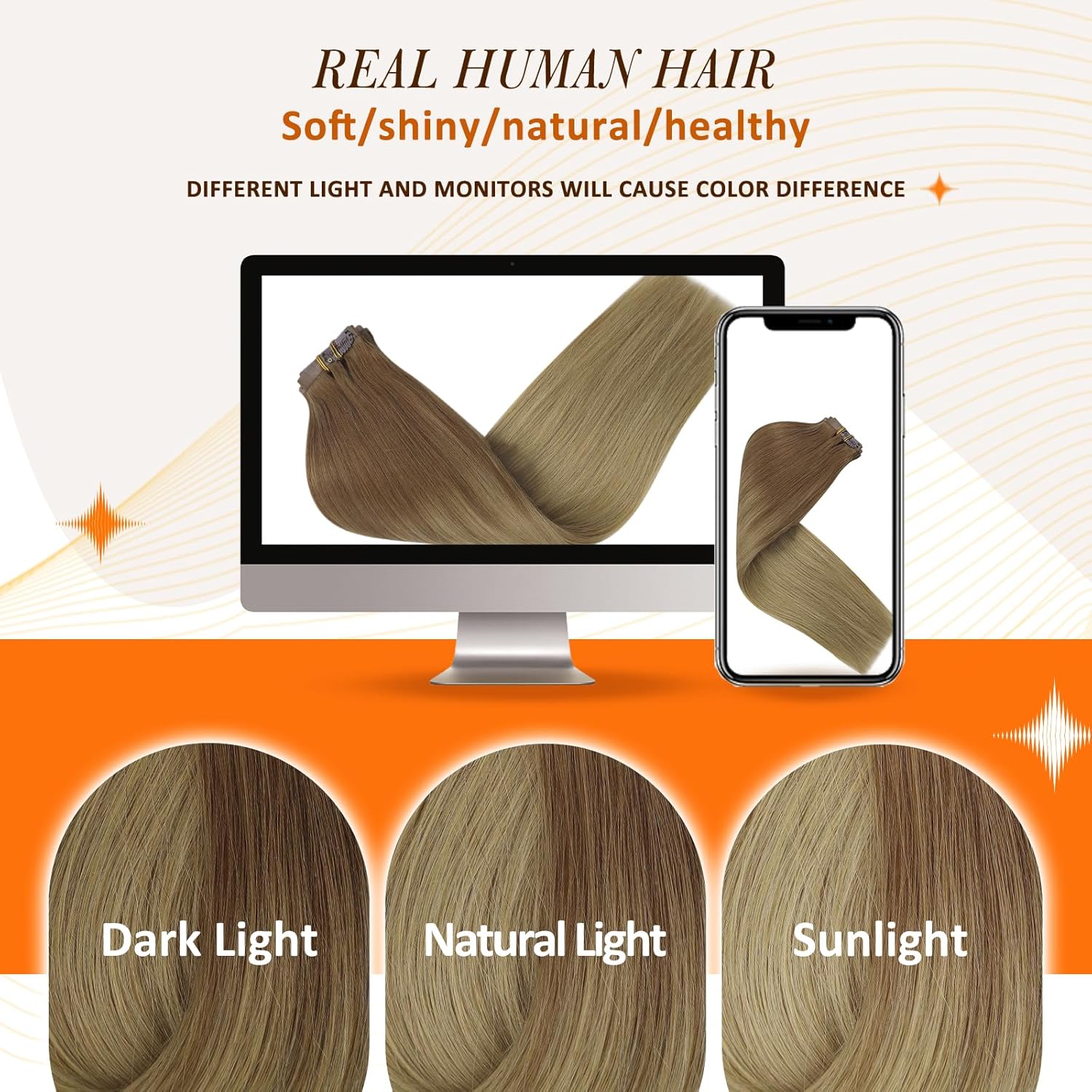Full Shine Extensiones de cabello marrón degradado de color marrón claro a rubio, extensiones de cabello con clip sin costuras con trama de