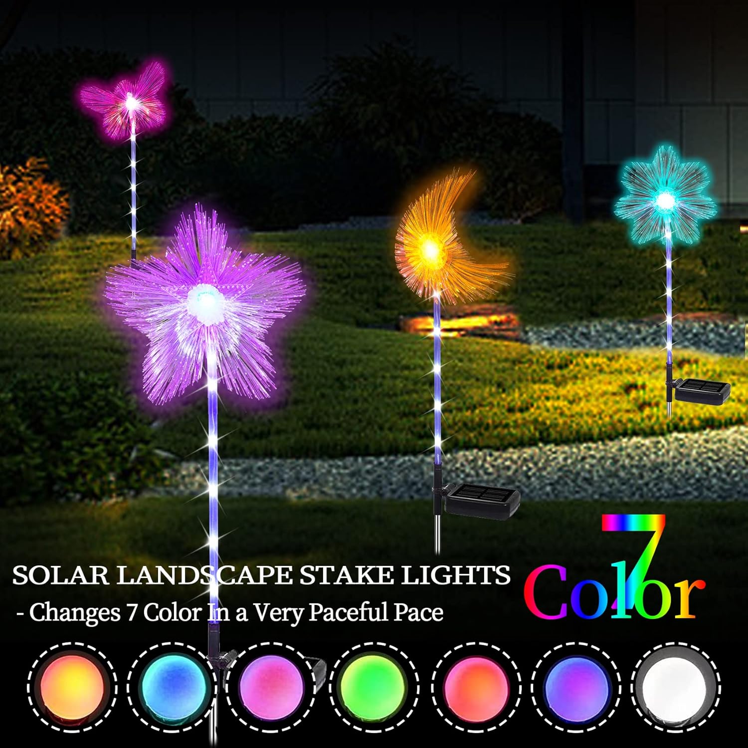 TONULAX Luces solares de estaca de jardín, luces RGB de microfibra que cambian de color, luces solares para caminos, luces solares para exteriores,